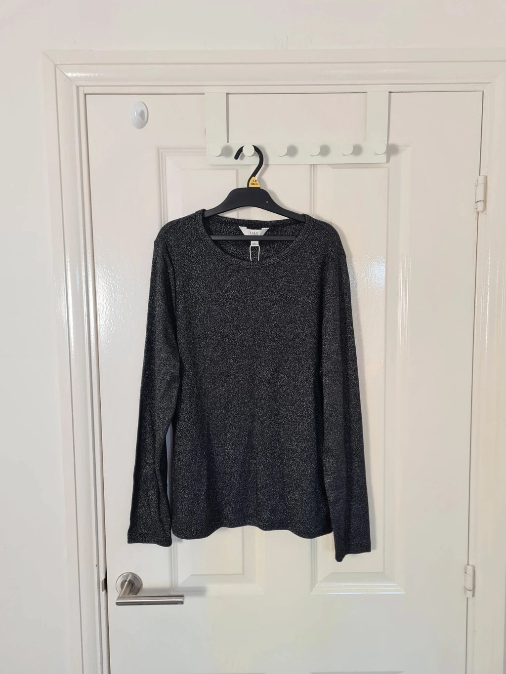 M&S women black sparkly long sleeve top cotton rich crew neck casual essential 2XL/16
