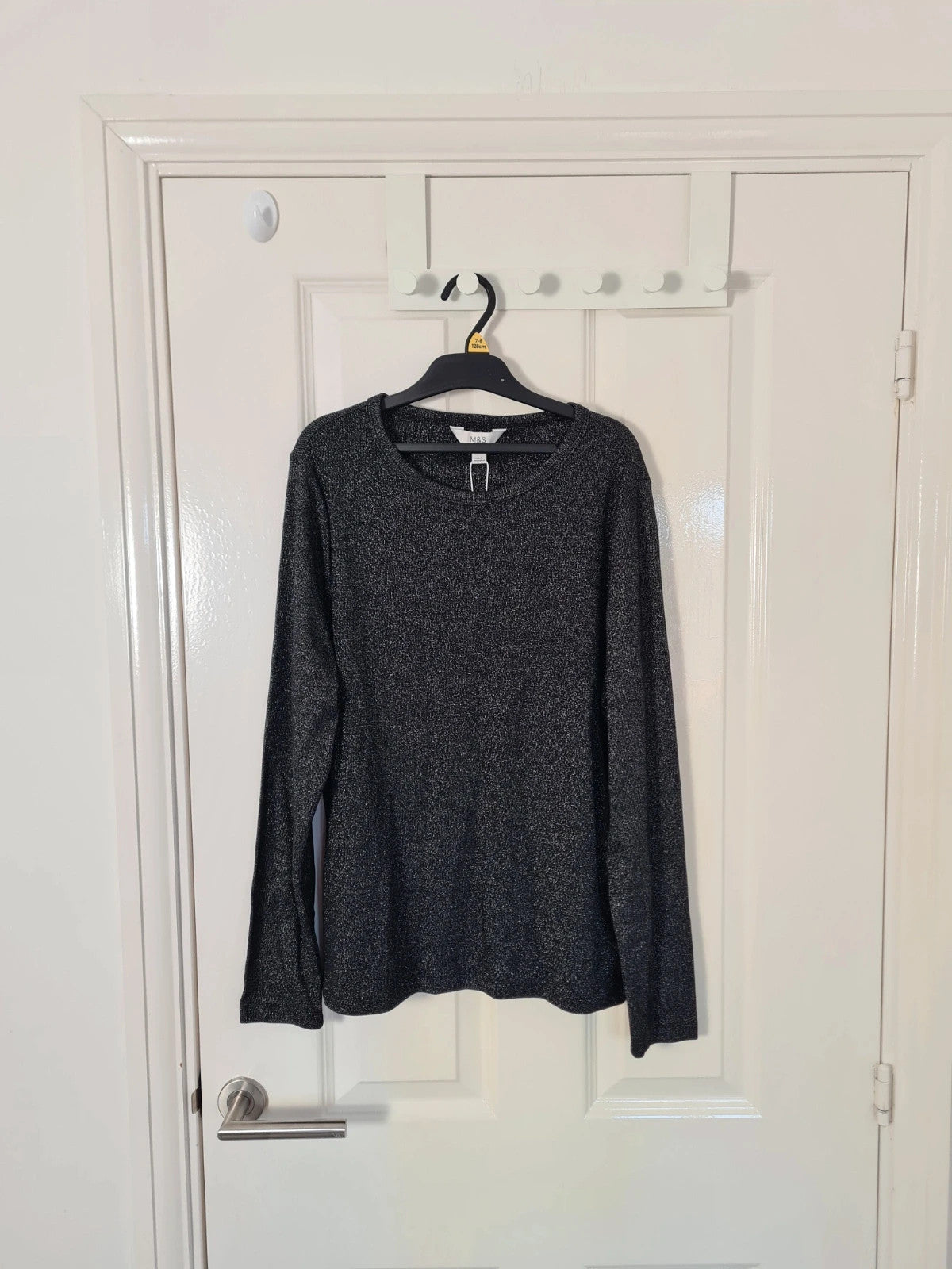 M&S women black sparkly long sleeve top cotton rich crew neck casual essential 2XL/16