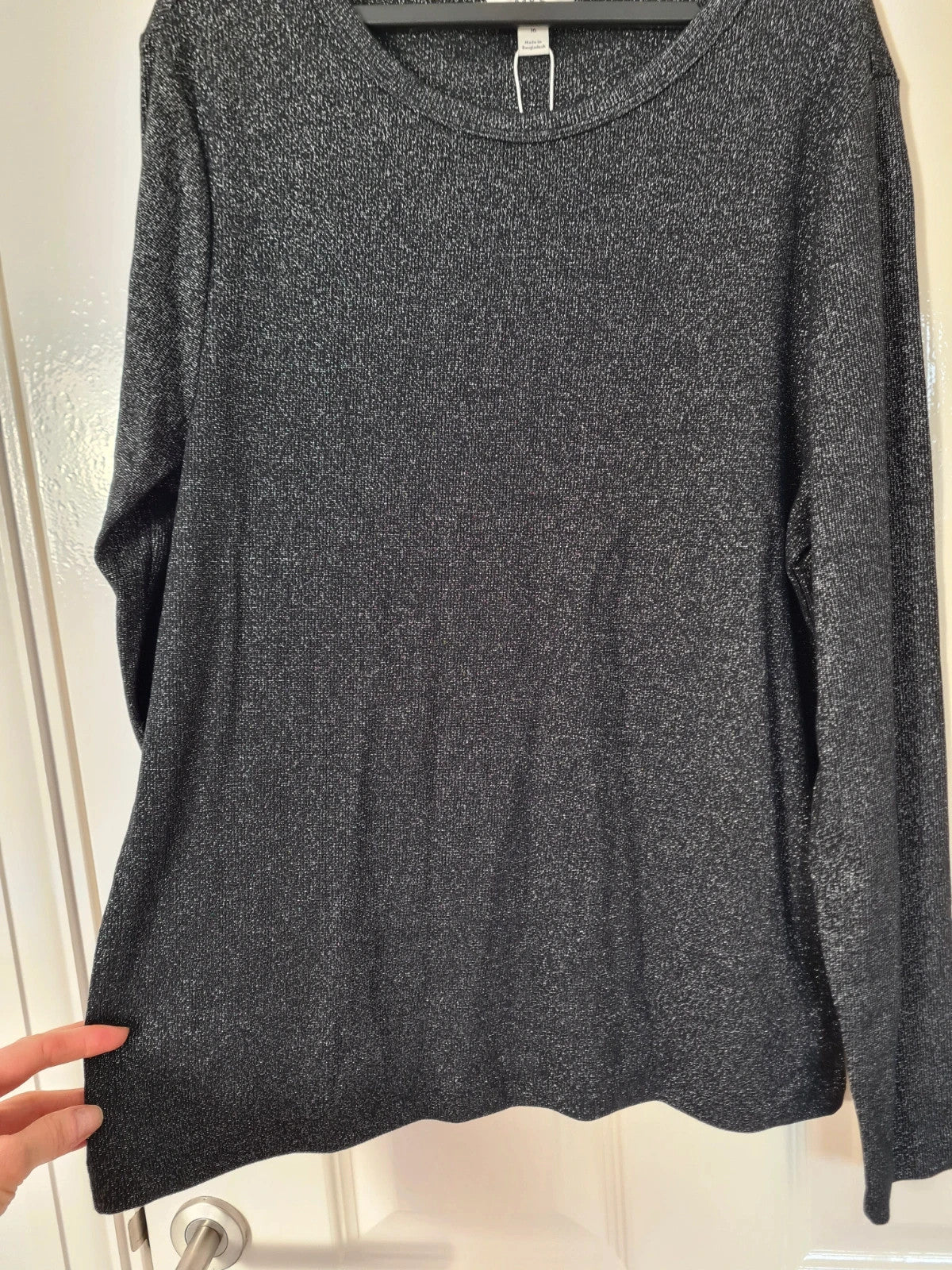 M&S women black sparkly long sleeve top cotton rich crew neck casual essential 2XL/16