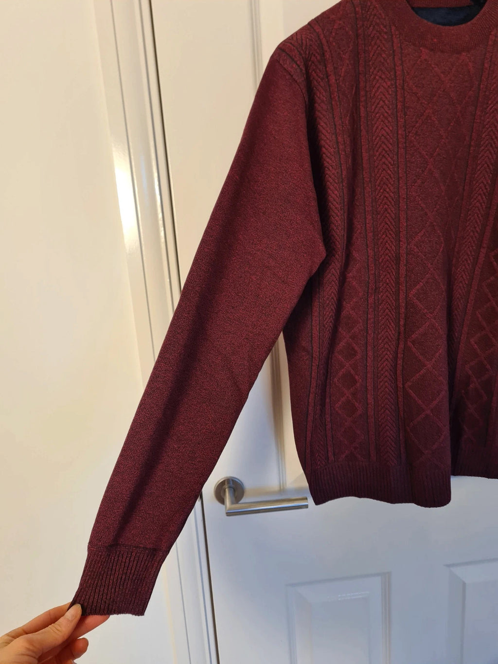 Generic men burgundy knitted crew neck sweater fur lined wool feel casual warm jumper L