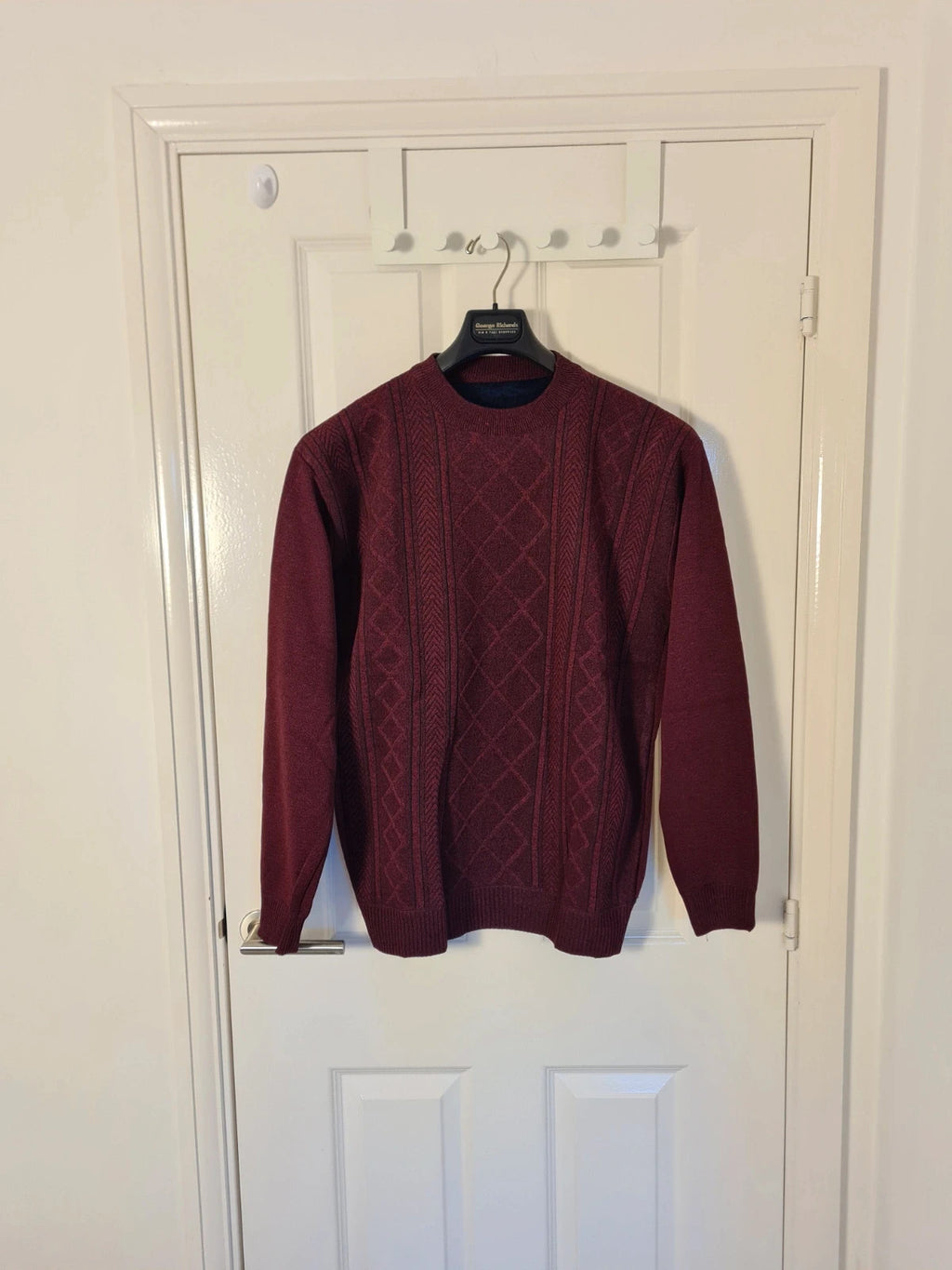 Generic men burgundy knitted crew neck sweater fur lined wool feel casual warm jumper L