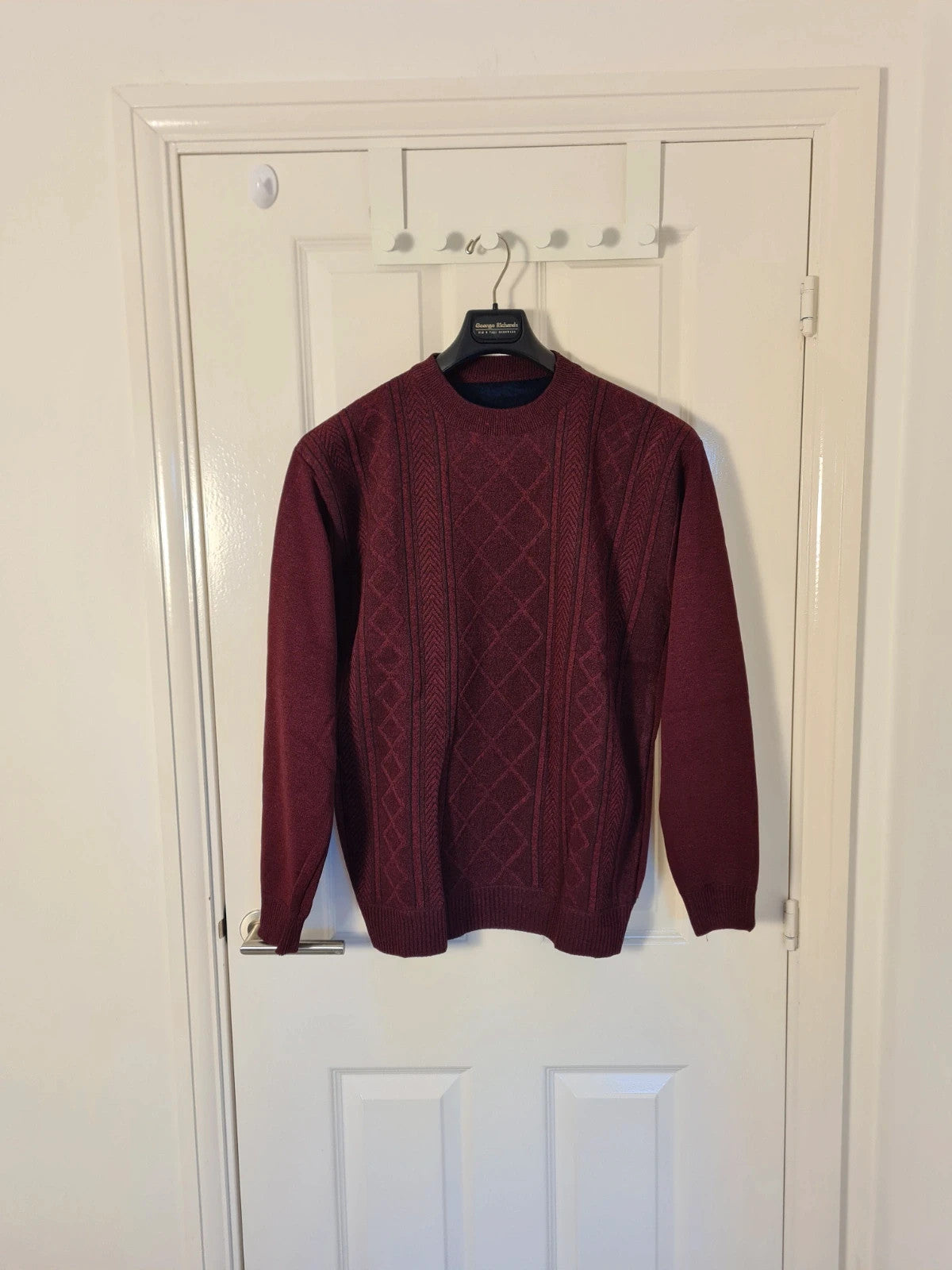 Generic men burgundy knitted crew neck sweater fur lined wool feel casual warm jumper L