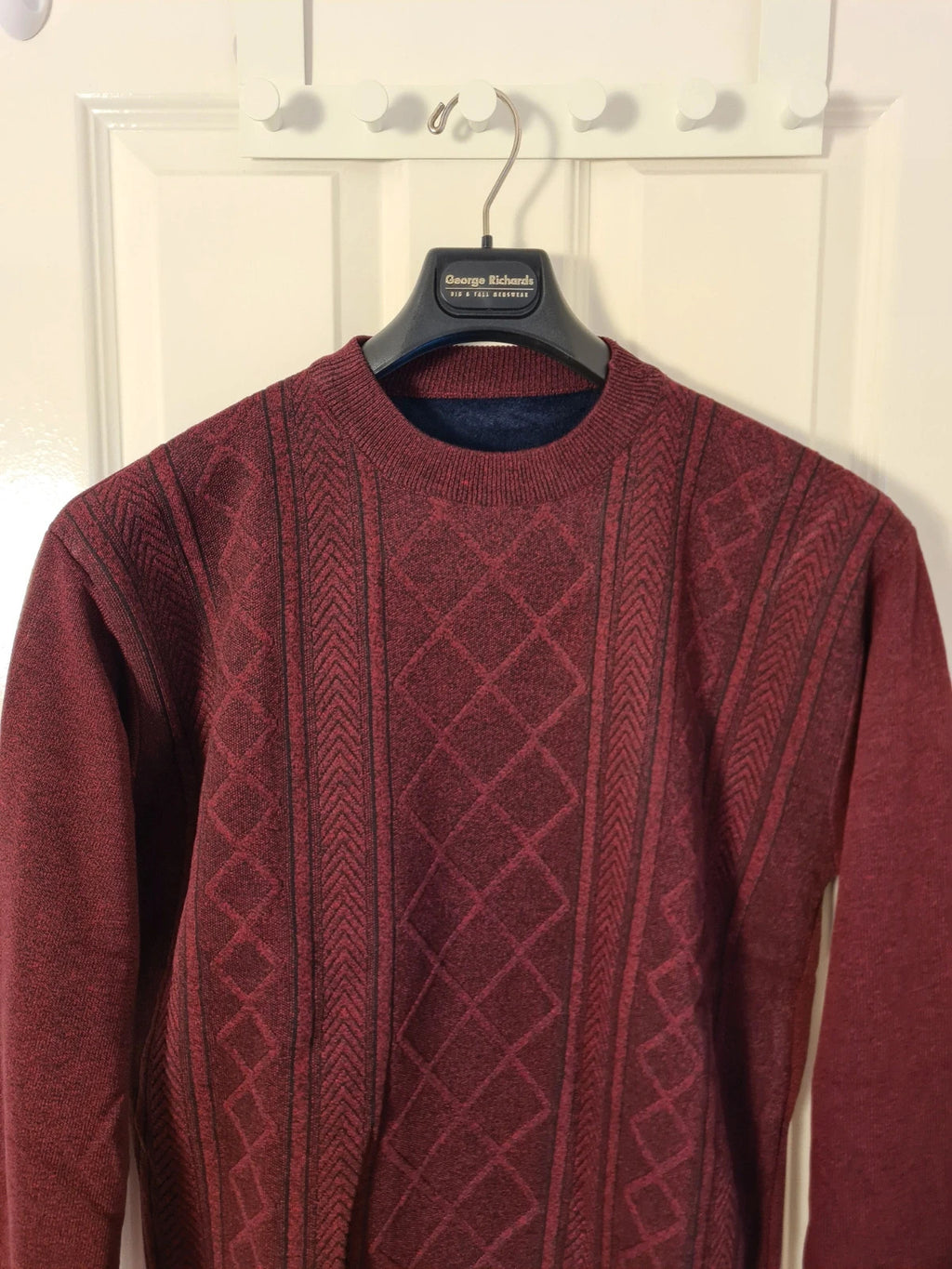 Generic men burgundy knitted crew neck sweater fur lined wool feel casual warm jumper L