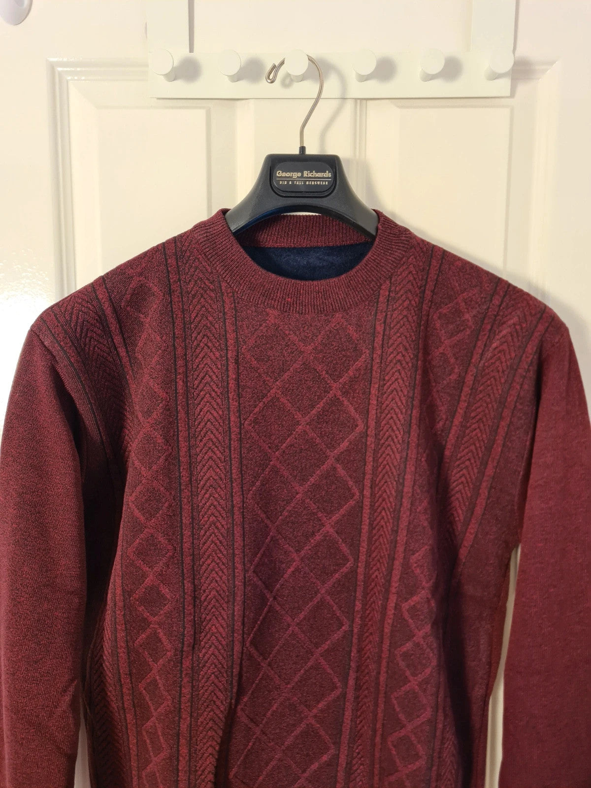 Generic men burgundy knitted crew neck sweater fur lined wool feel casual warm jumper L