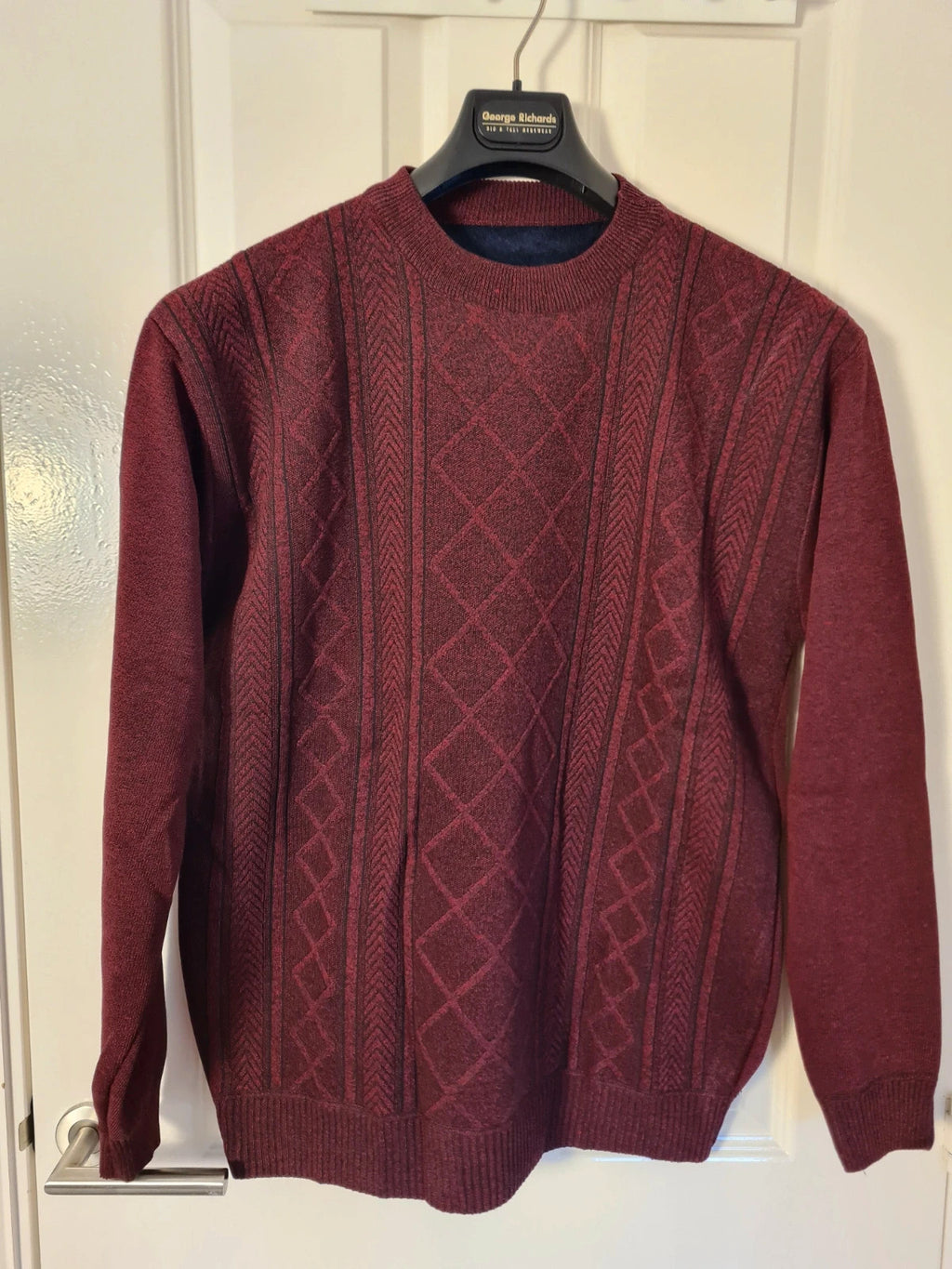 Generic men burgundy knitted crew neck sweater fur lined wool feel casual warm jumper L