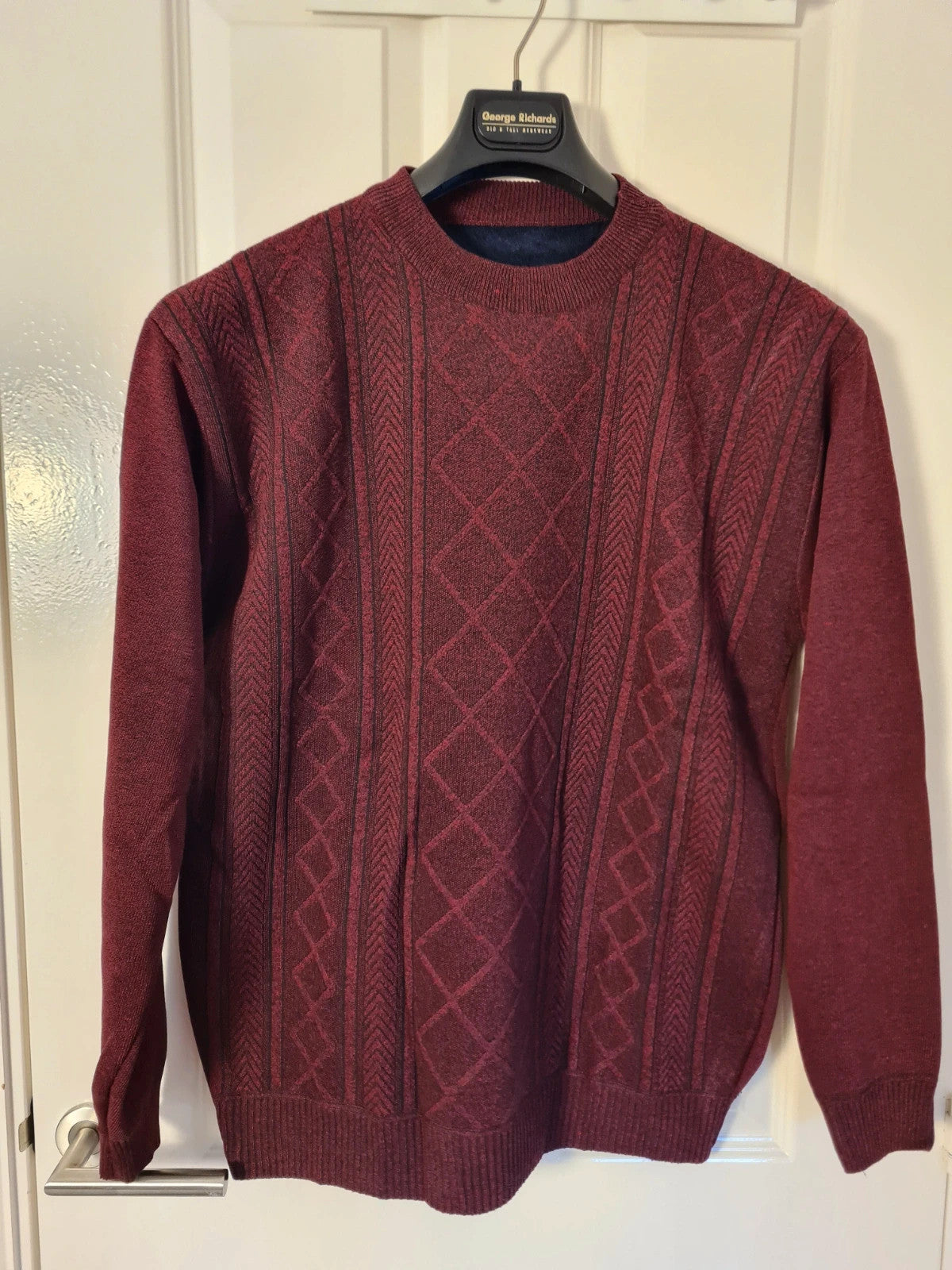 Generic men burgundy knitted crew neck sweater fur lined wool feel casual warm jumper L