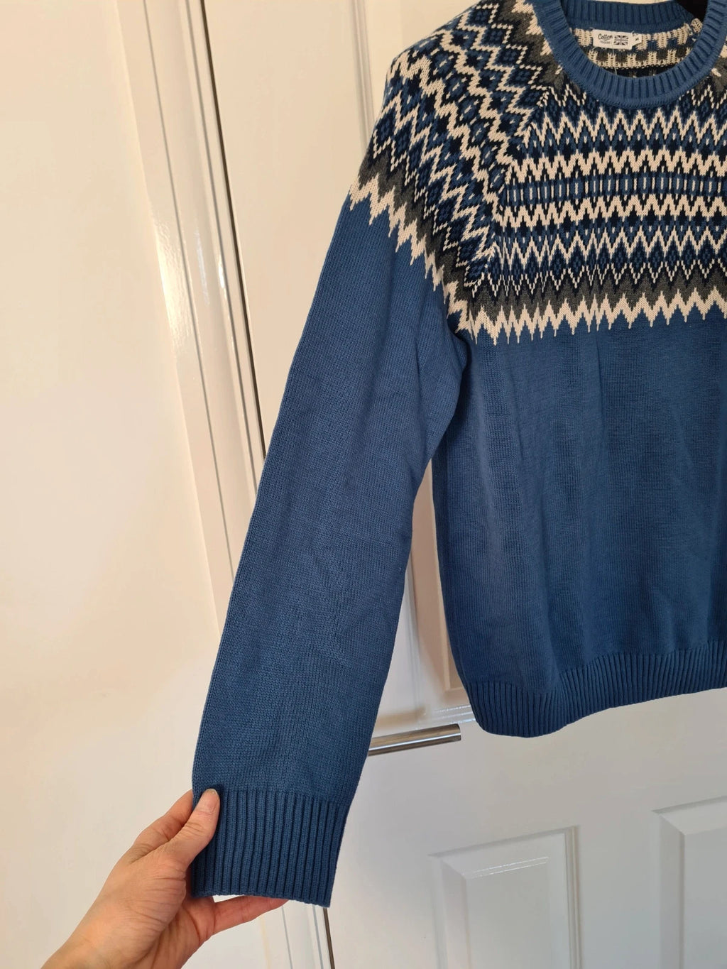 Cotton Traders unisex blue cotton Fair Isle crew neck jumper casual winter sweater dark aegean M