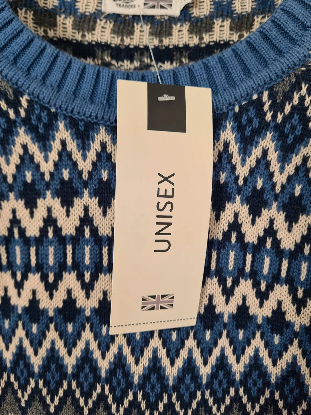 Cotton Traders unisex blue cotton Fair Isle crew neck jumper casual winter sweater dark aegean M