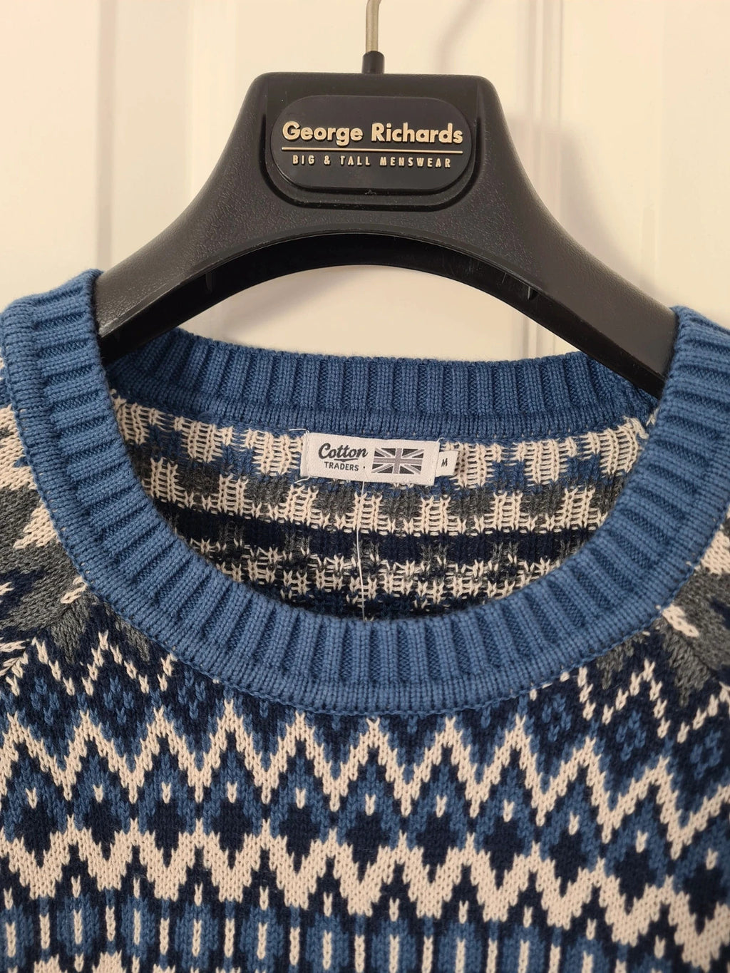 Cotton Traders unisex blue cotton Fair Isle crew neck jumper casual winter sweater dark aegean M