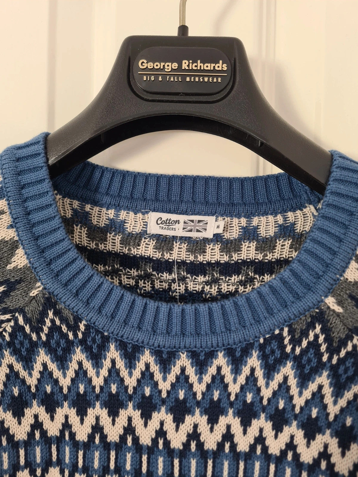 Cotton Traders unisex blue cotton Fair Isle crew neck jumper casual winter sweater dark aegean M