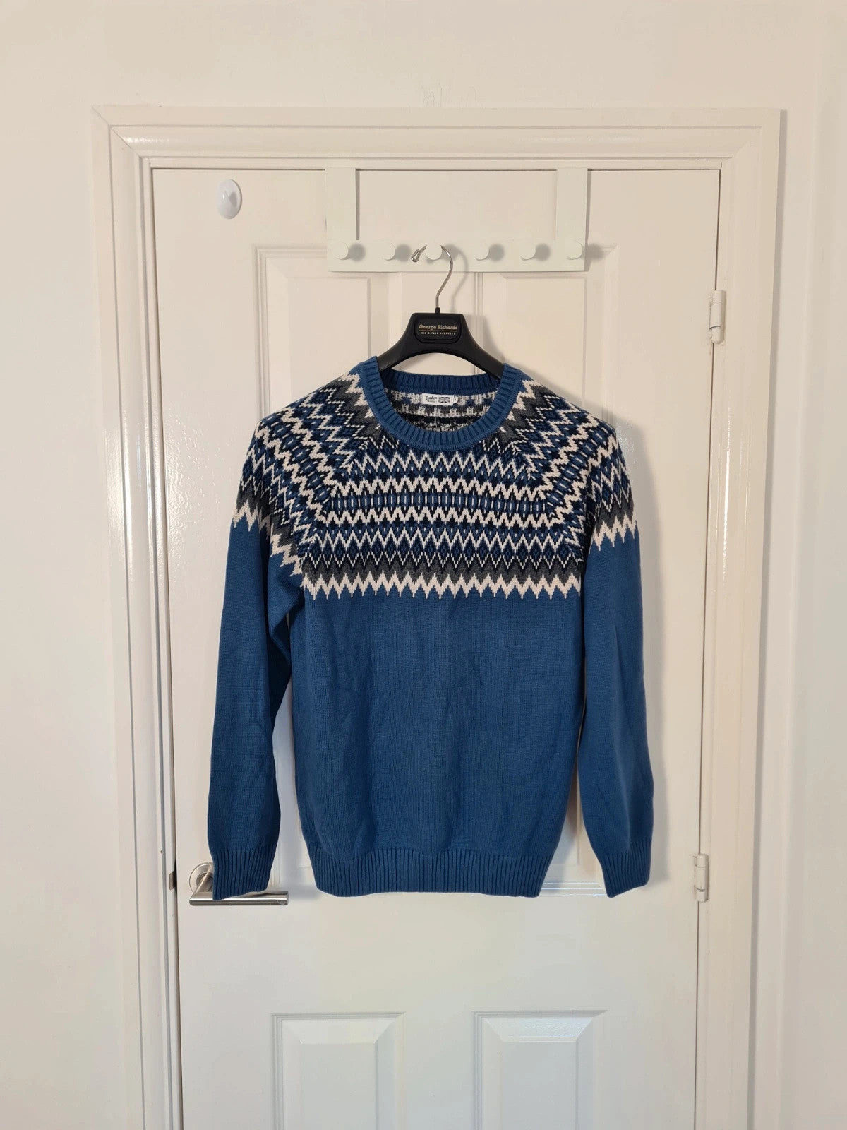 Cotton Traders unisex blue cotton Fair Isle crew neck jumper casual winter sweater dark aegean M