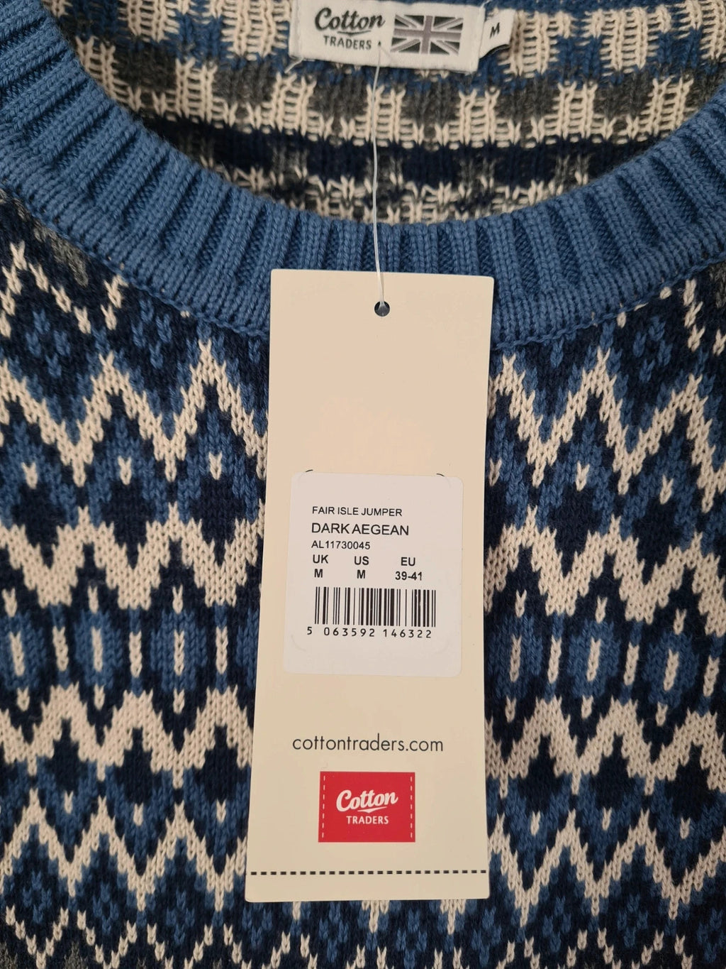 Cotton Traders unisex blue cotton Fair Isle crew neck jumper casual winter sweater dark aegean M