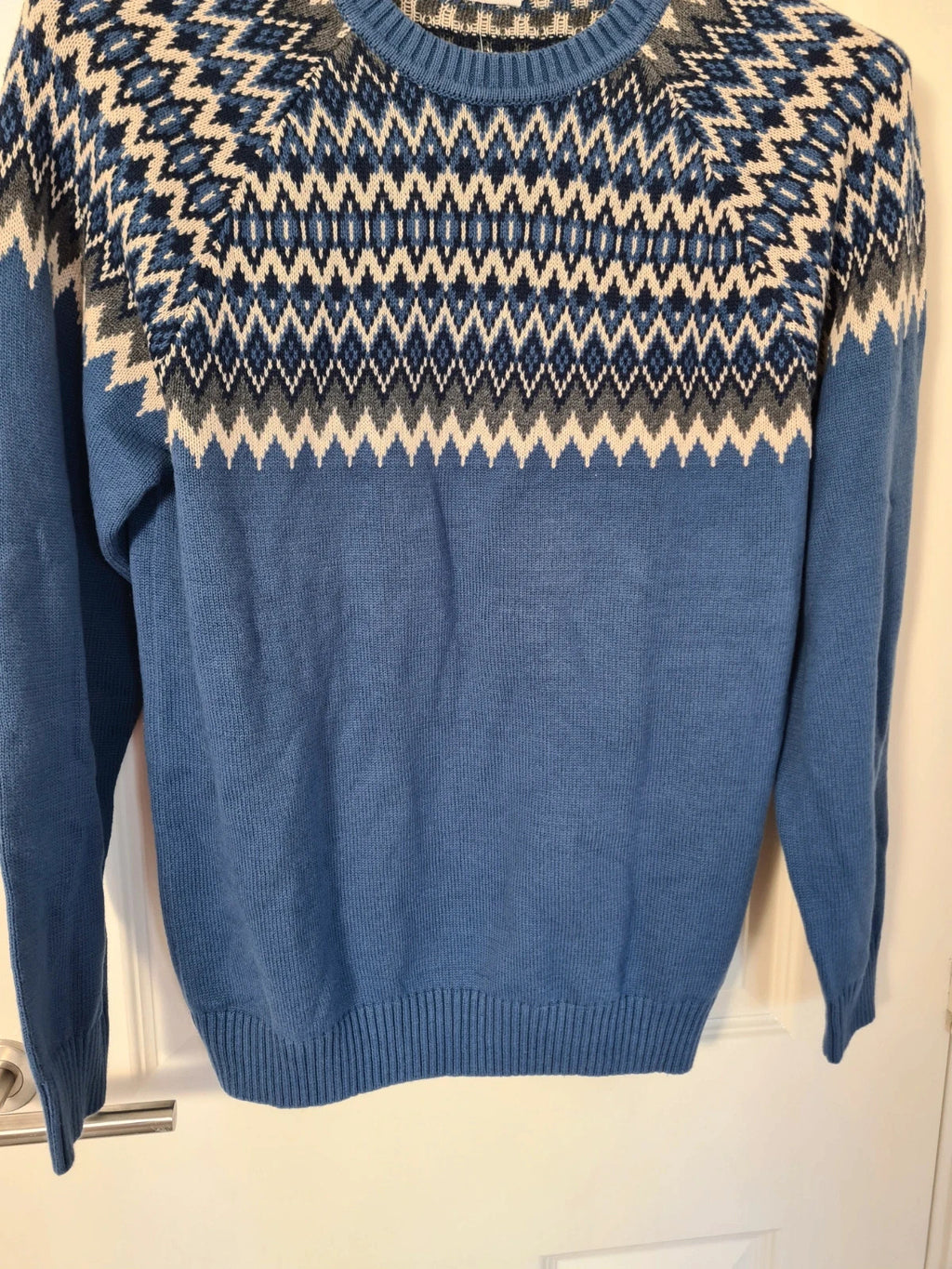 Cotton Traders unisex blue cotton Fair Isle crew neck jumper casual winter sweater dark aegean M
