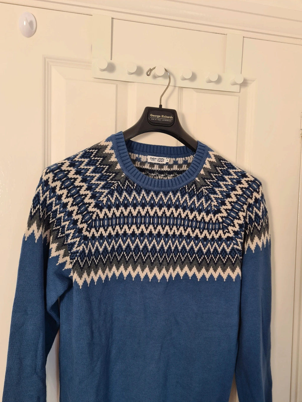 Cotton Traders unisex blue cotton Fair Isle crew neck jumper casual winter sweater dark aegean M