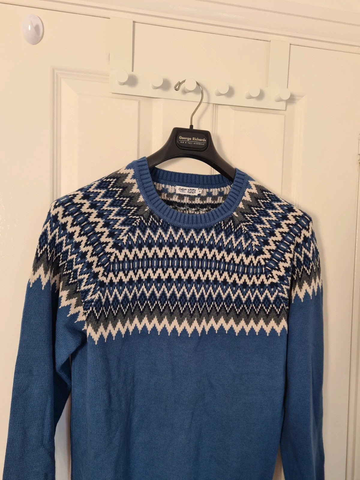 Cotton Traders unisex blue cotton Fair Isle crew neck jumper casual winter sweater dark aegean M
