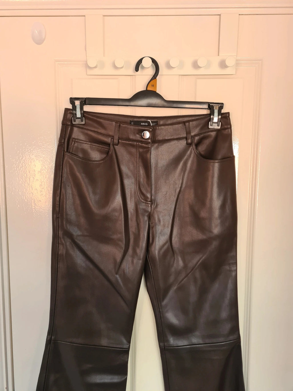 Mango women brown/chocolate faux leather flared trousers effect skinny mid rise casual UK10