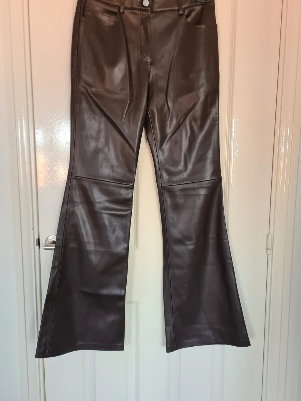 Mango women brown/chocolate faux leather flared trousers effect skinny mid rise casual UK10