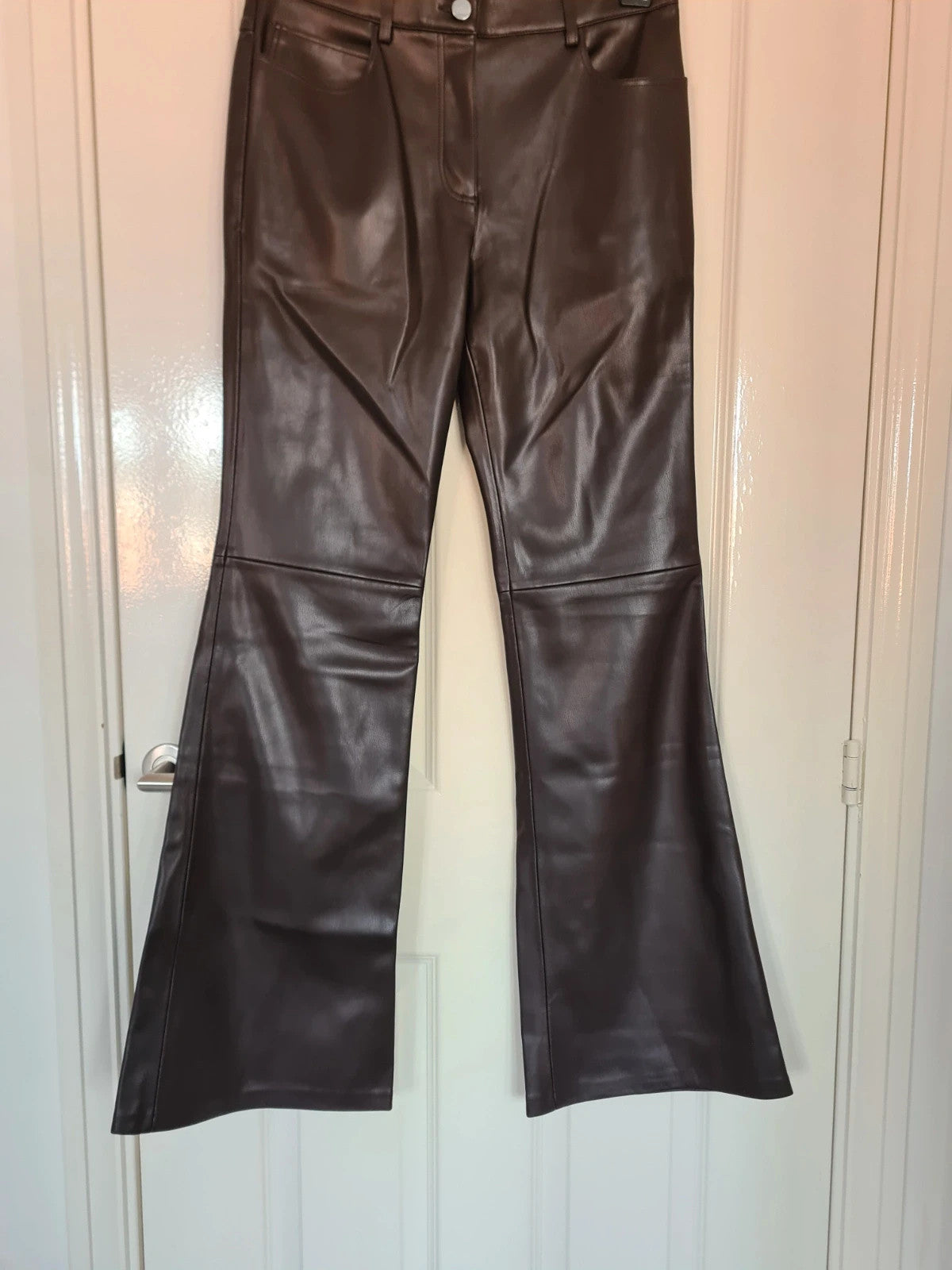 Mango women brown/chocolate faux leather flared trousers effect skinny mid rise casual UK10