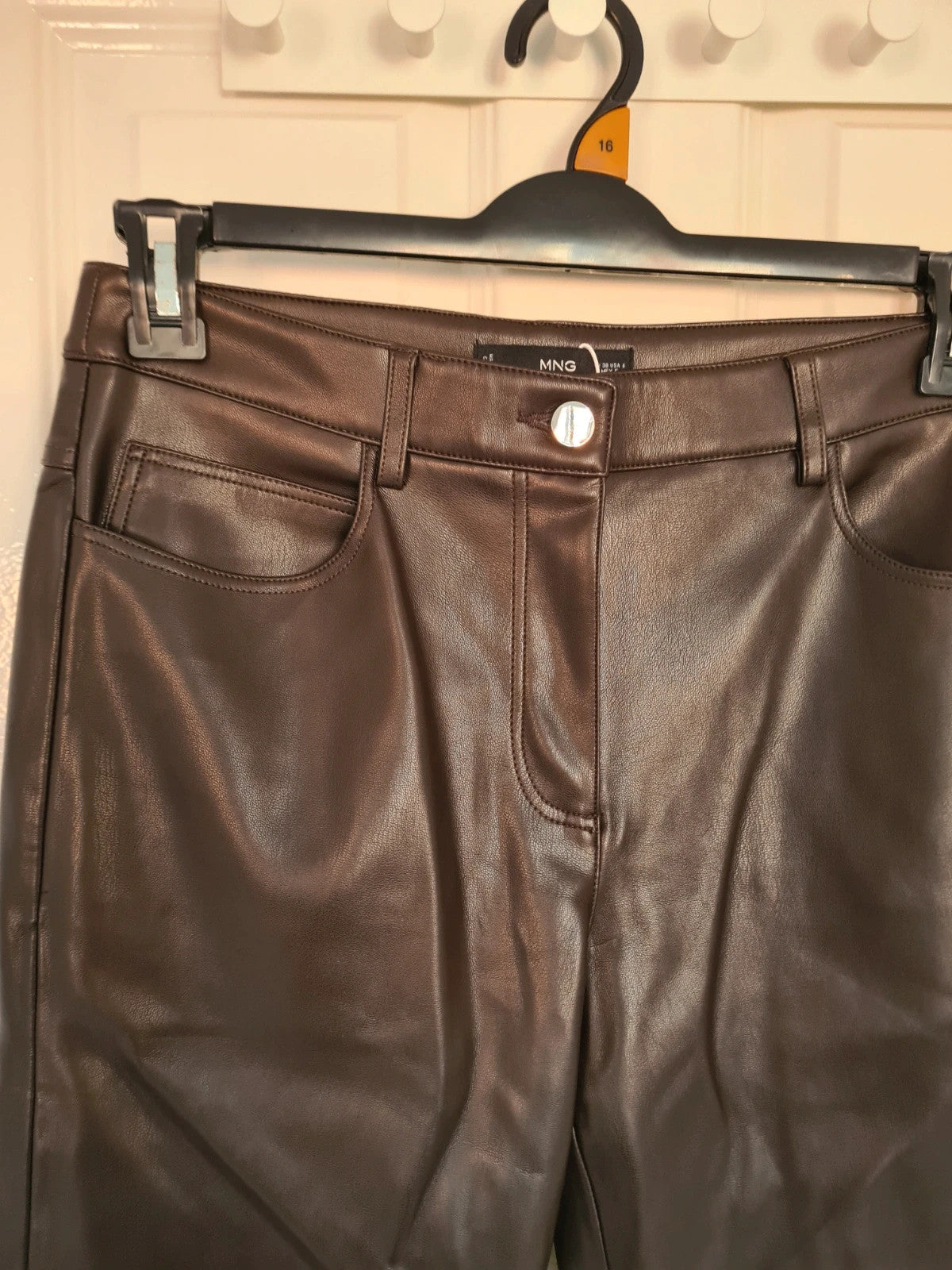 Mango women brown/chocolate faux leather flared trousers effect skinny mid rise casual UK10