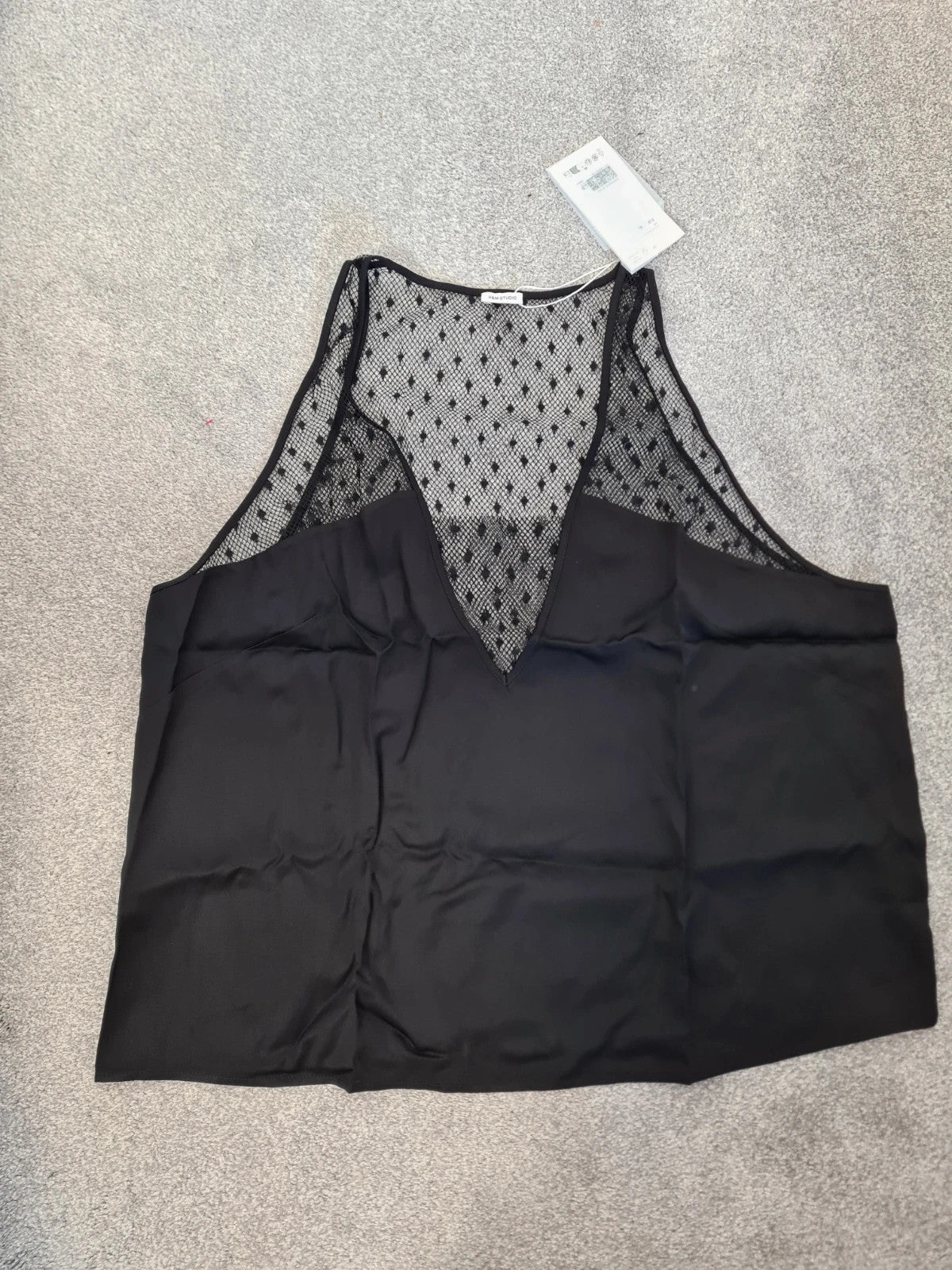 H&M Studio women black mesh vest top sleeveless deep V-neck armholes regular fit casual XL/14