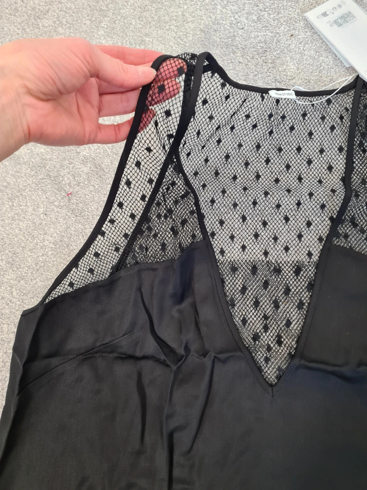 H&M Studio women black mesh vest top sleeveless deep V-neck armholes regular fit casual XL/14