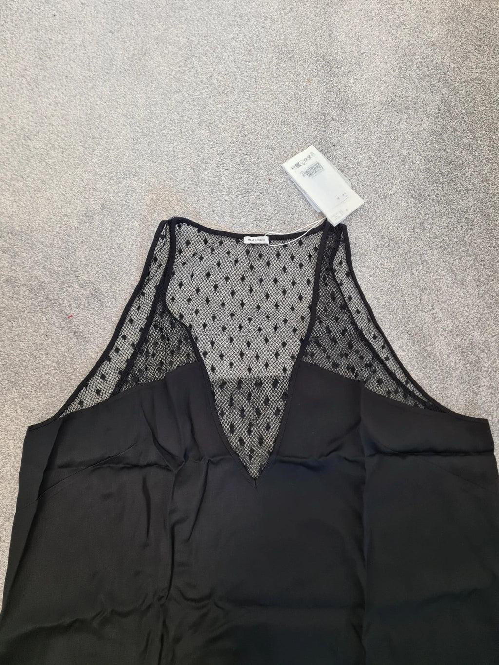H&M Studio women black mesh vest top sleeveless deep V-neck armholes regular fit casual XL/14