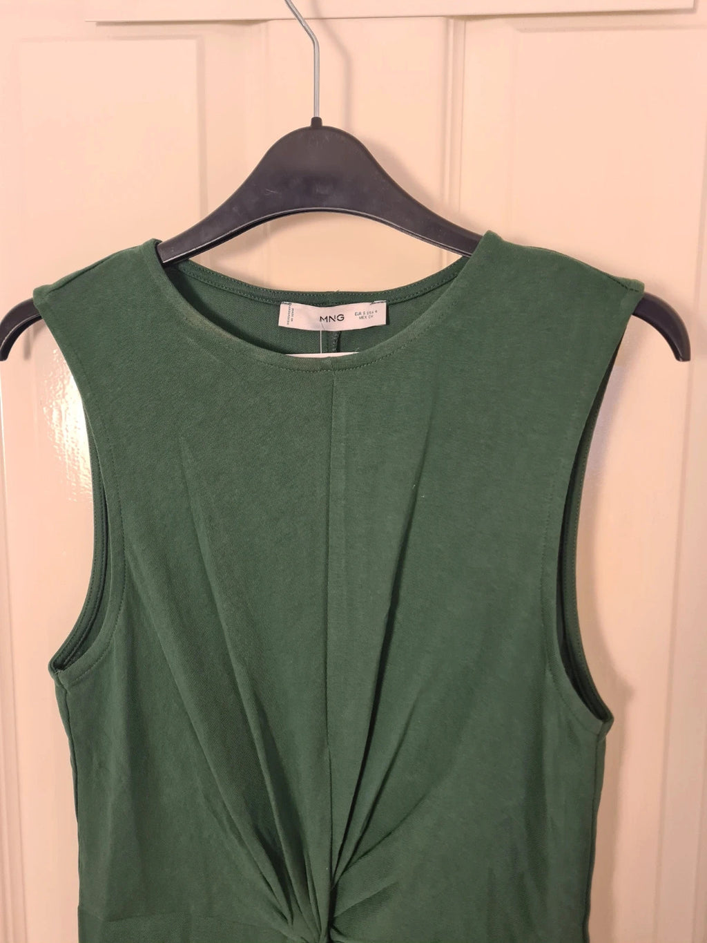 Mango women green knotted cotton midi dress sleeveless round neck wide straps straight design S/8
