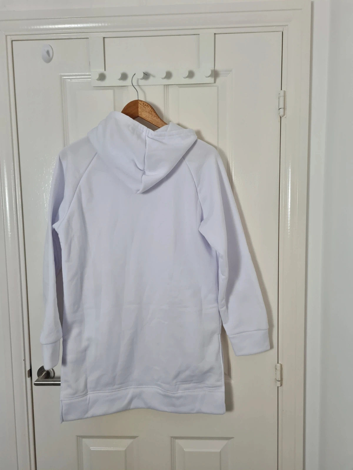 Generic women white long lenght hoodie tunic drawsting pocket split side casual comfy jumper S/8
