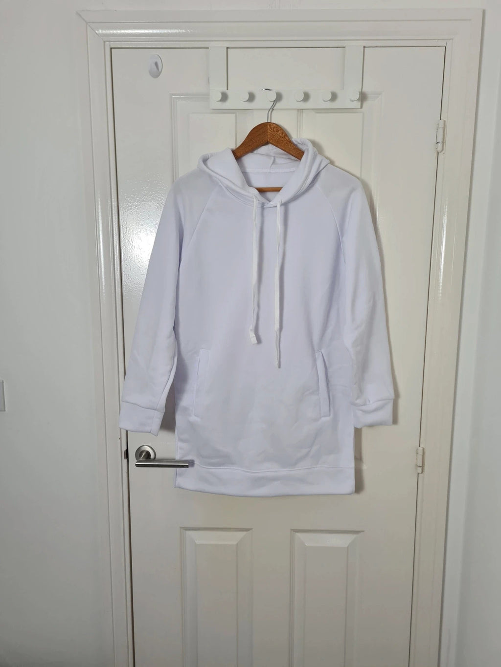 Generic women white long lenght hoodie tunic drawsting pocket split side casual comfy jumper S/8