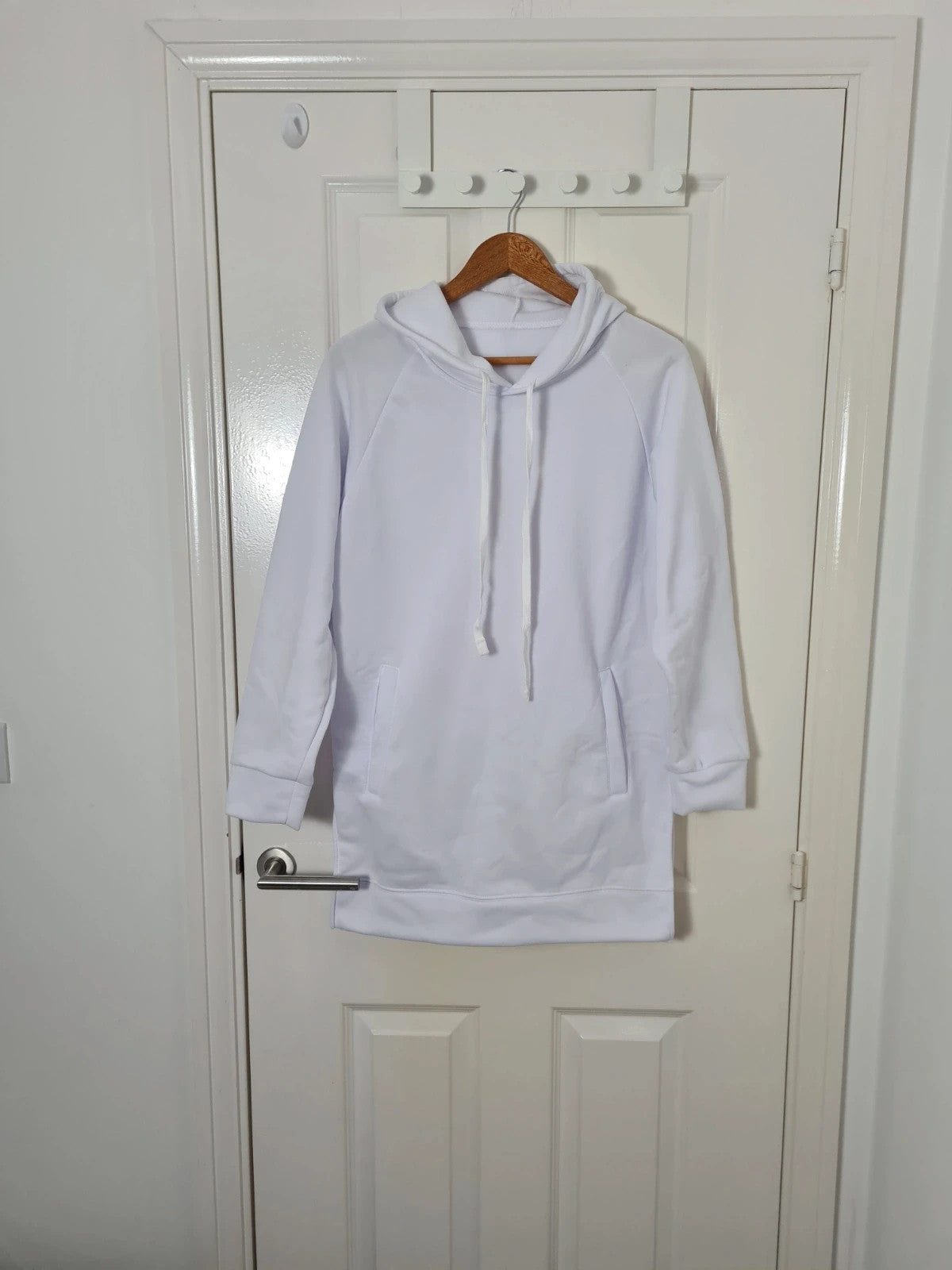 Generic women white long lenght hoodie tunic drawsting pocket split side casual comfy jumper S/8