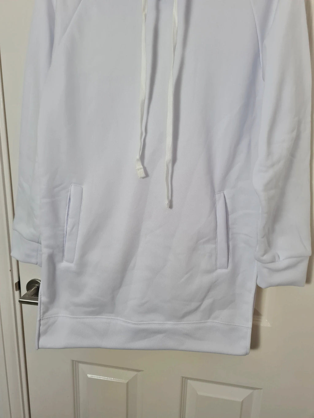 Generic women white long lenght hoodie tunic drawsting pocket split side casual comfy jumper S/8