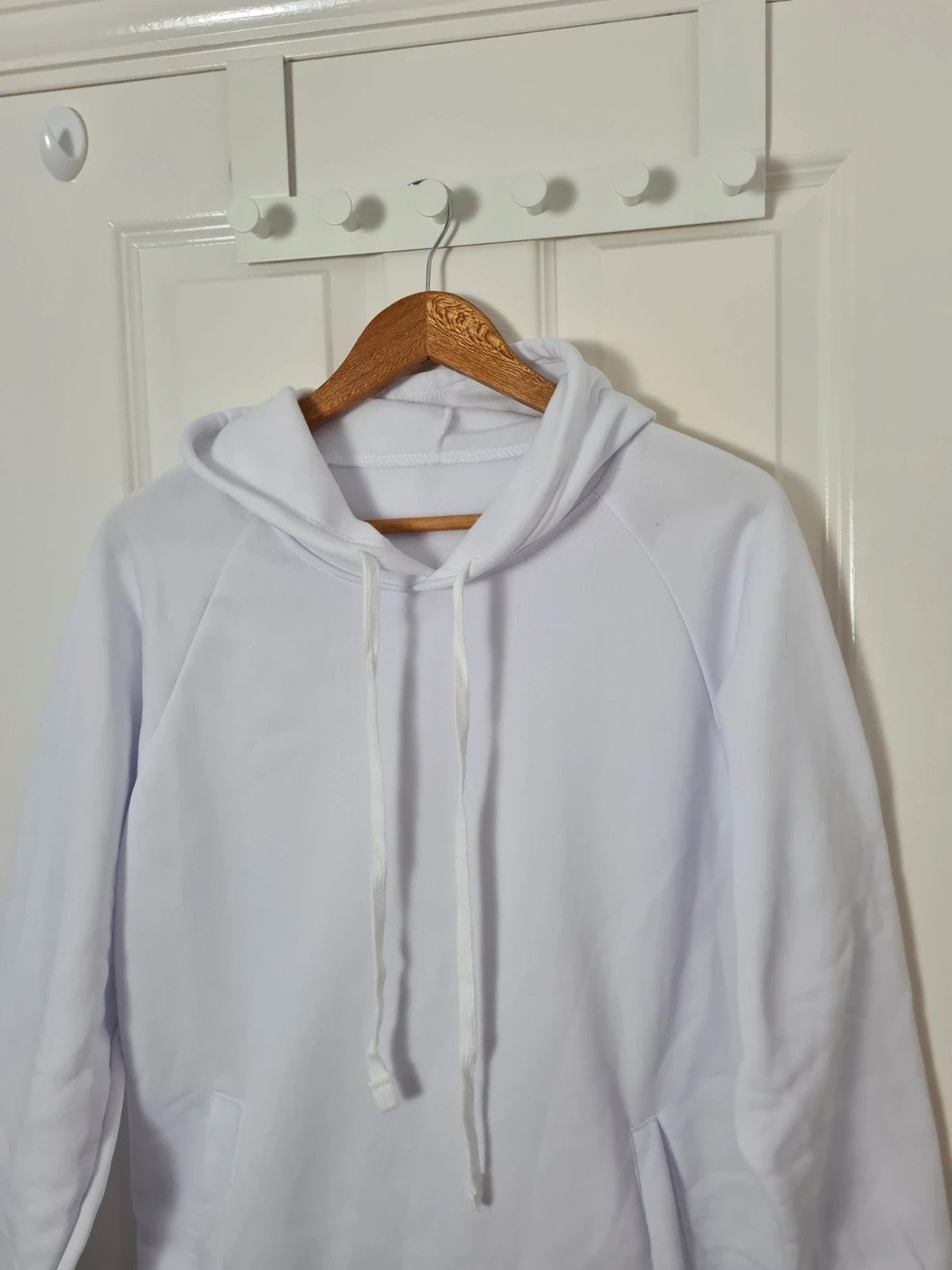 Generic women white long lenght hoodie tunic drawsting pocket split side casual comfy jumper S/8