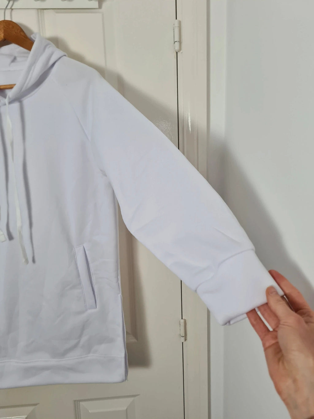 Generic women white long lenght hoodie tunic drawsting pocket split side casual comfy jumper S/8