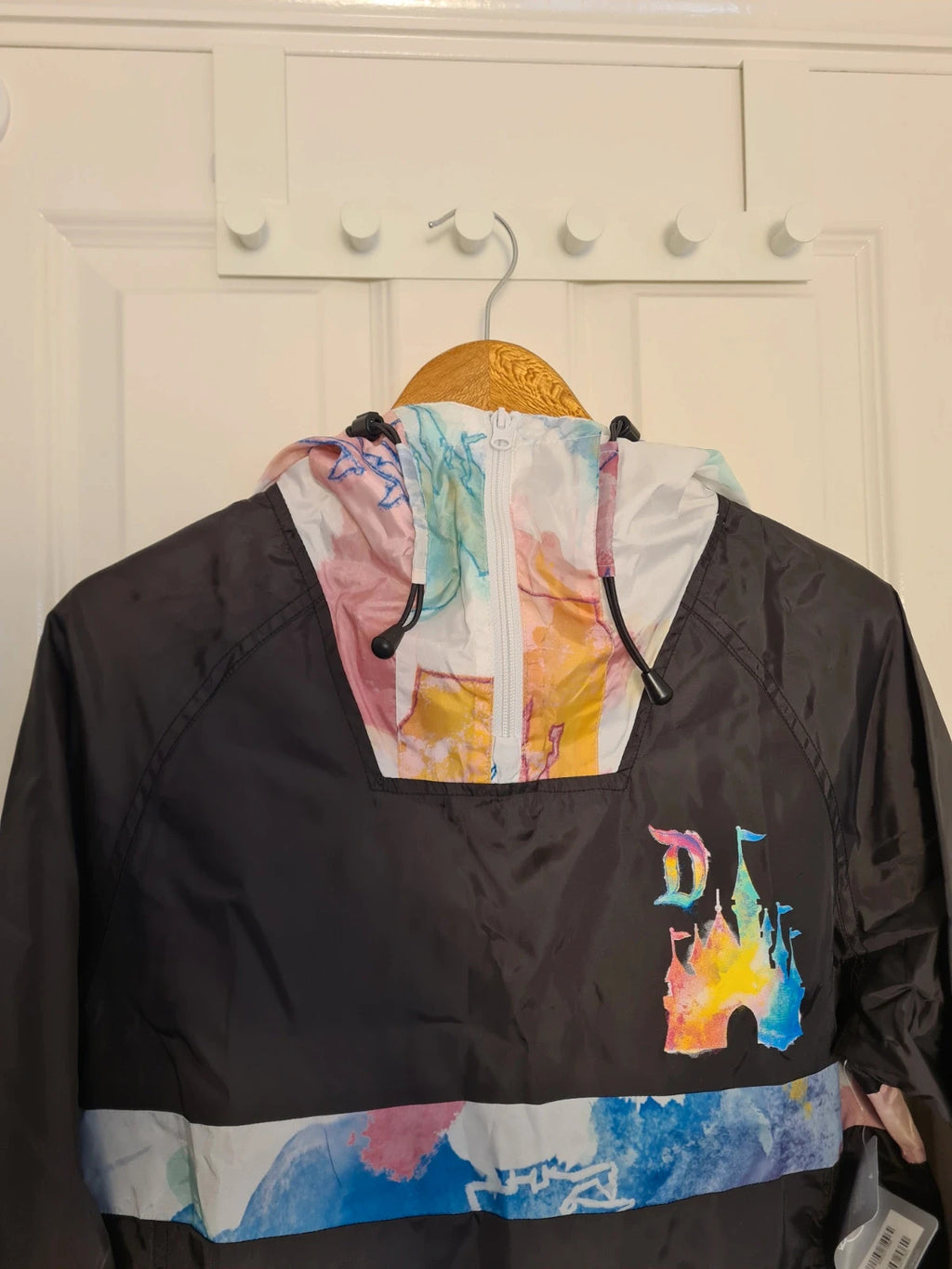 Disney women black rainbow tie dye castle art rain jacket windbreaker hood half zip Disneyland S
