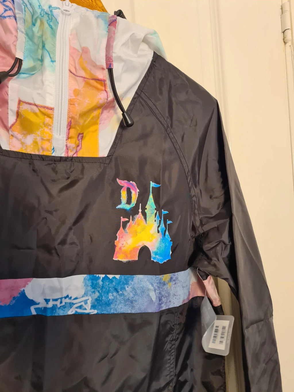 Disney women black rainbow tie dye castle art rain jacket windbreaker hood half zip Disneyland S
