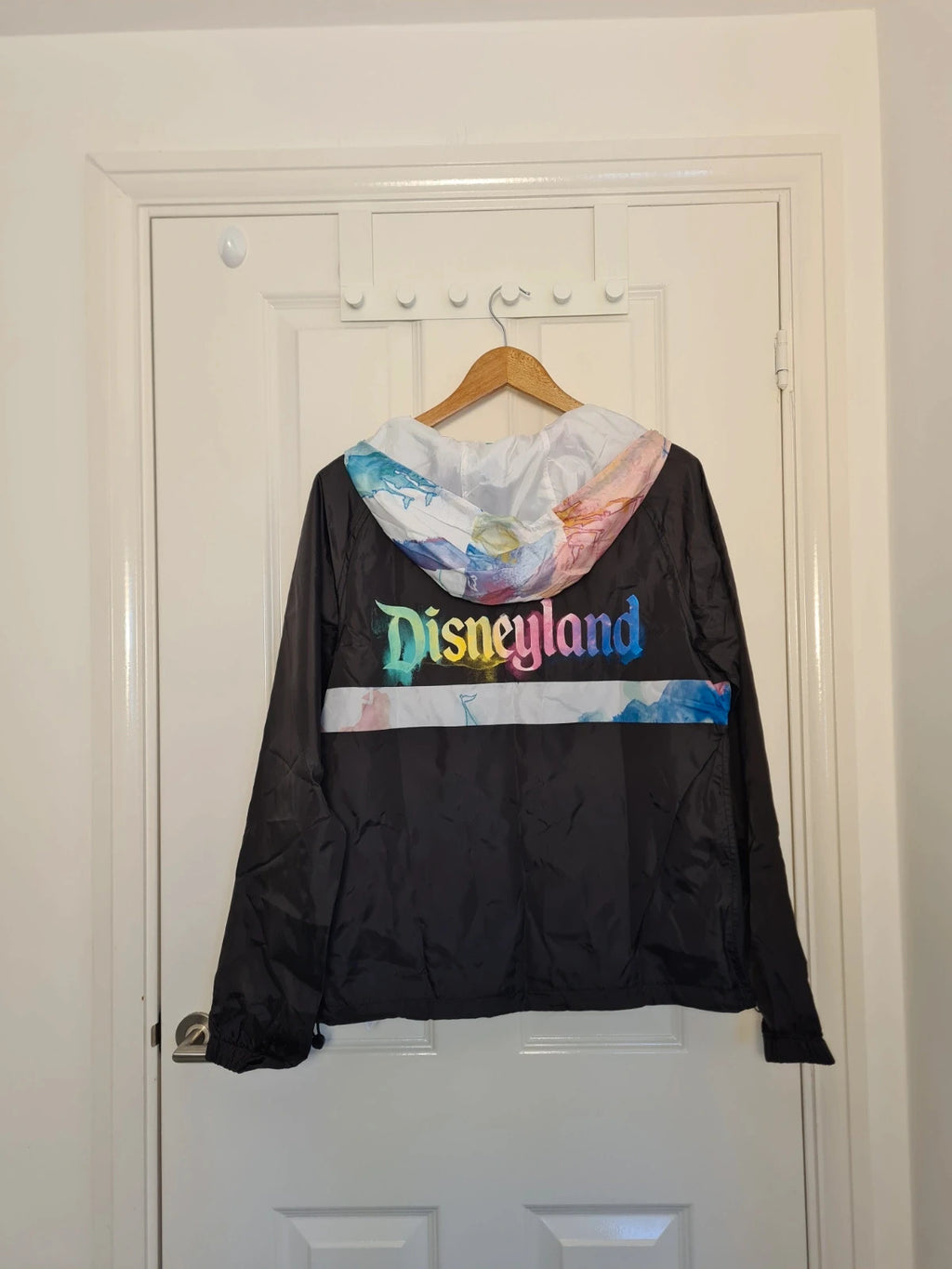 Disney women black rainbow tie dye castle art rain jacket windbreaker hood half zip Disneyland S