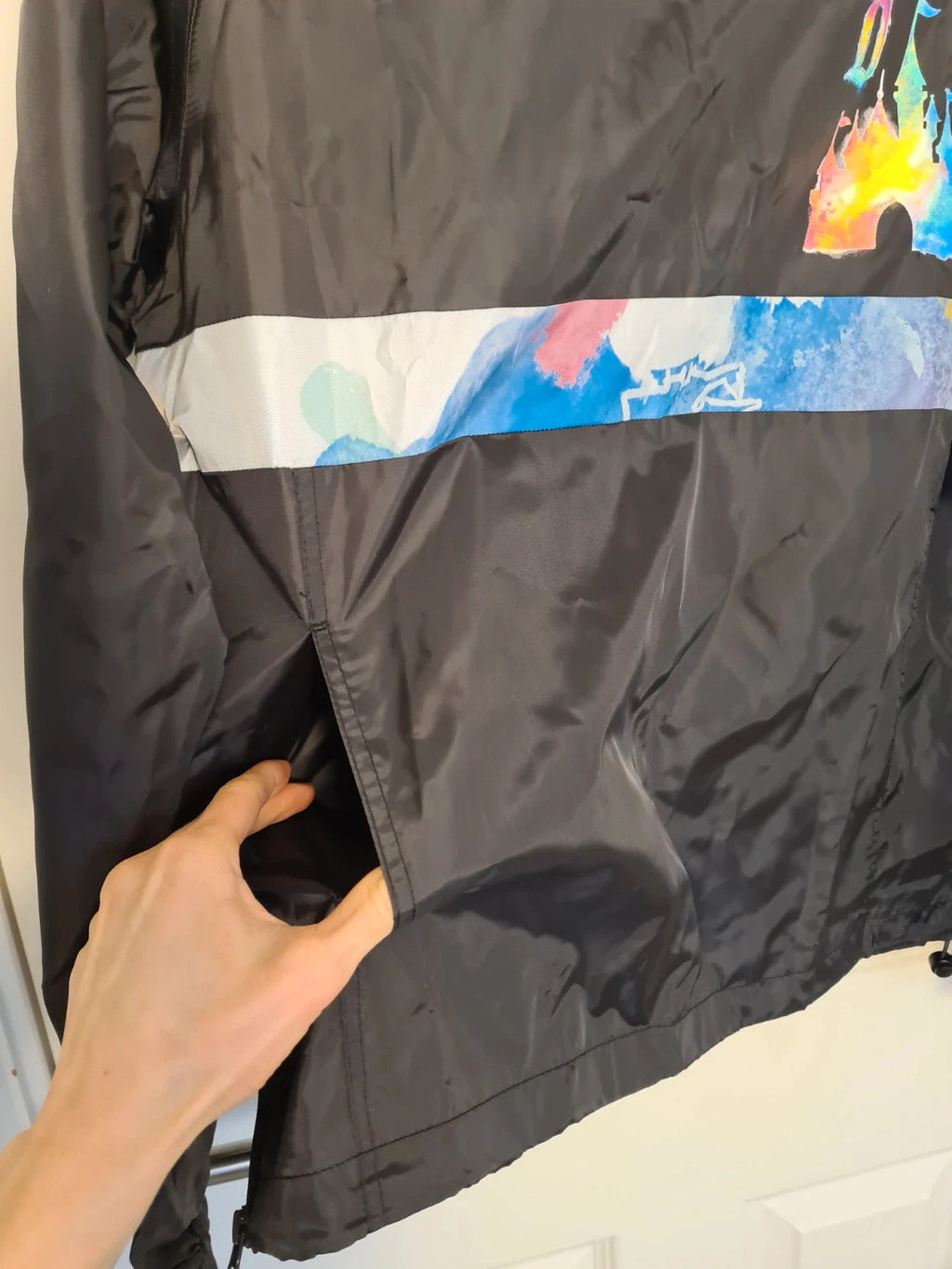 Disney women black rainbow tie dye castle art rain jacket windbreaker hood half zip Disneyland S