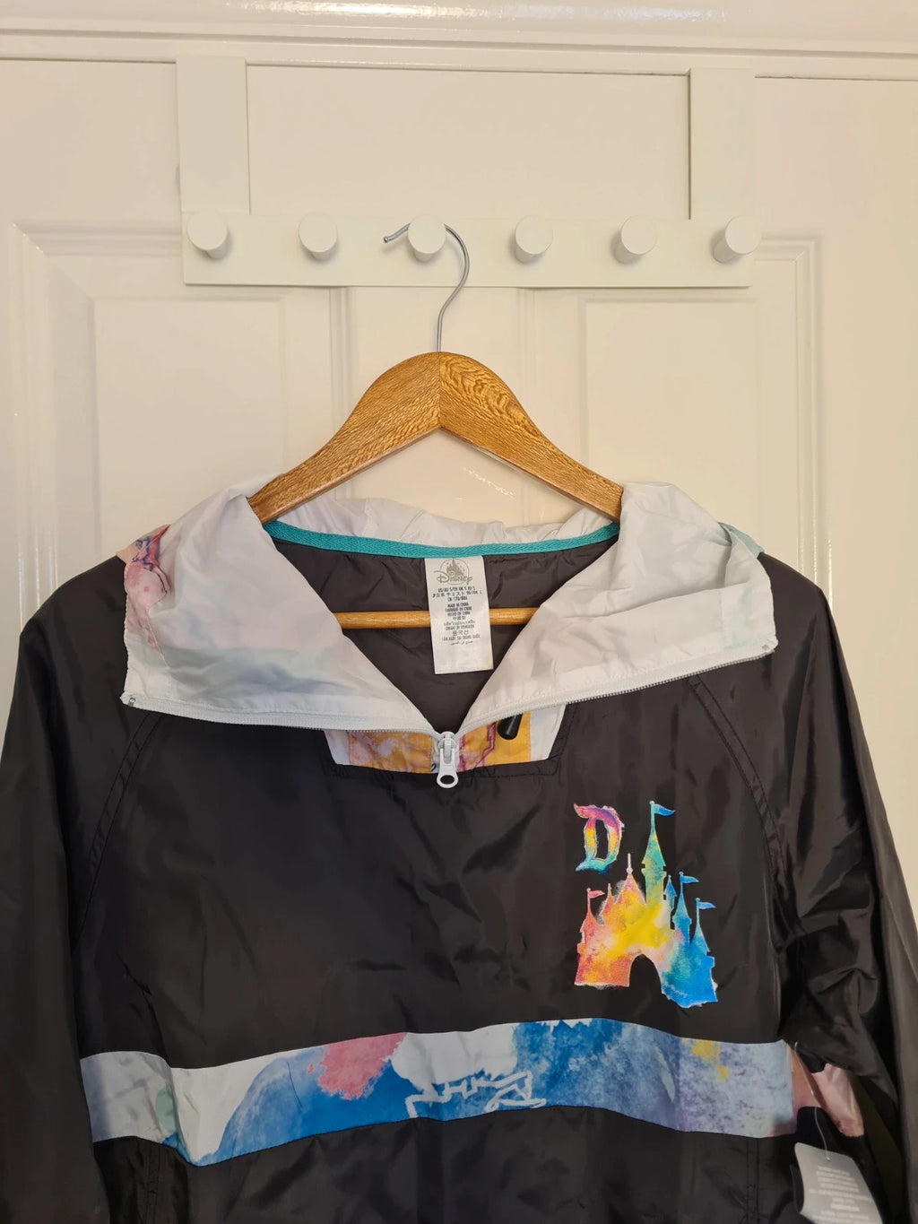 Disney women black rainbow tie dye castle art rain jacket windbreaker hood half zip Disneyland S