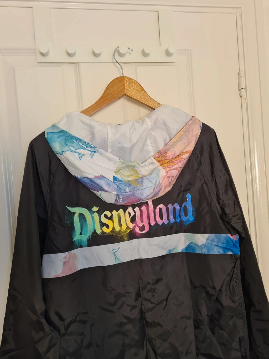 Disney women black rainbow tie dye castle art rain jacket windbreaker hood half zip Disneyland S