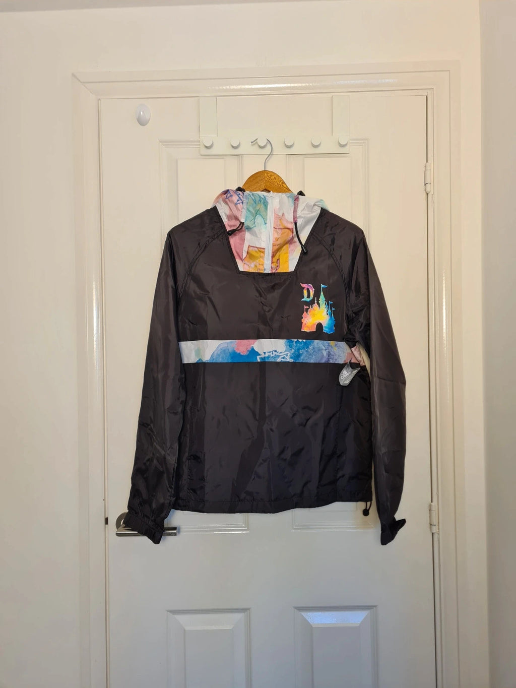 Disney women black rainbow tie dye castle art rain jacket windbreaker hood half zip Disneyland S