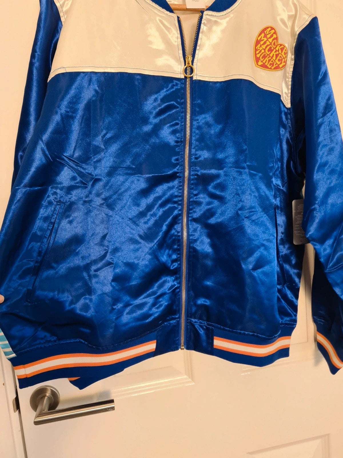 Disney women Mickey Mouse sunset blue satin bomber jacket varsity lightweight casual XL/14