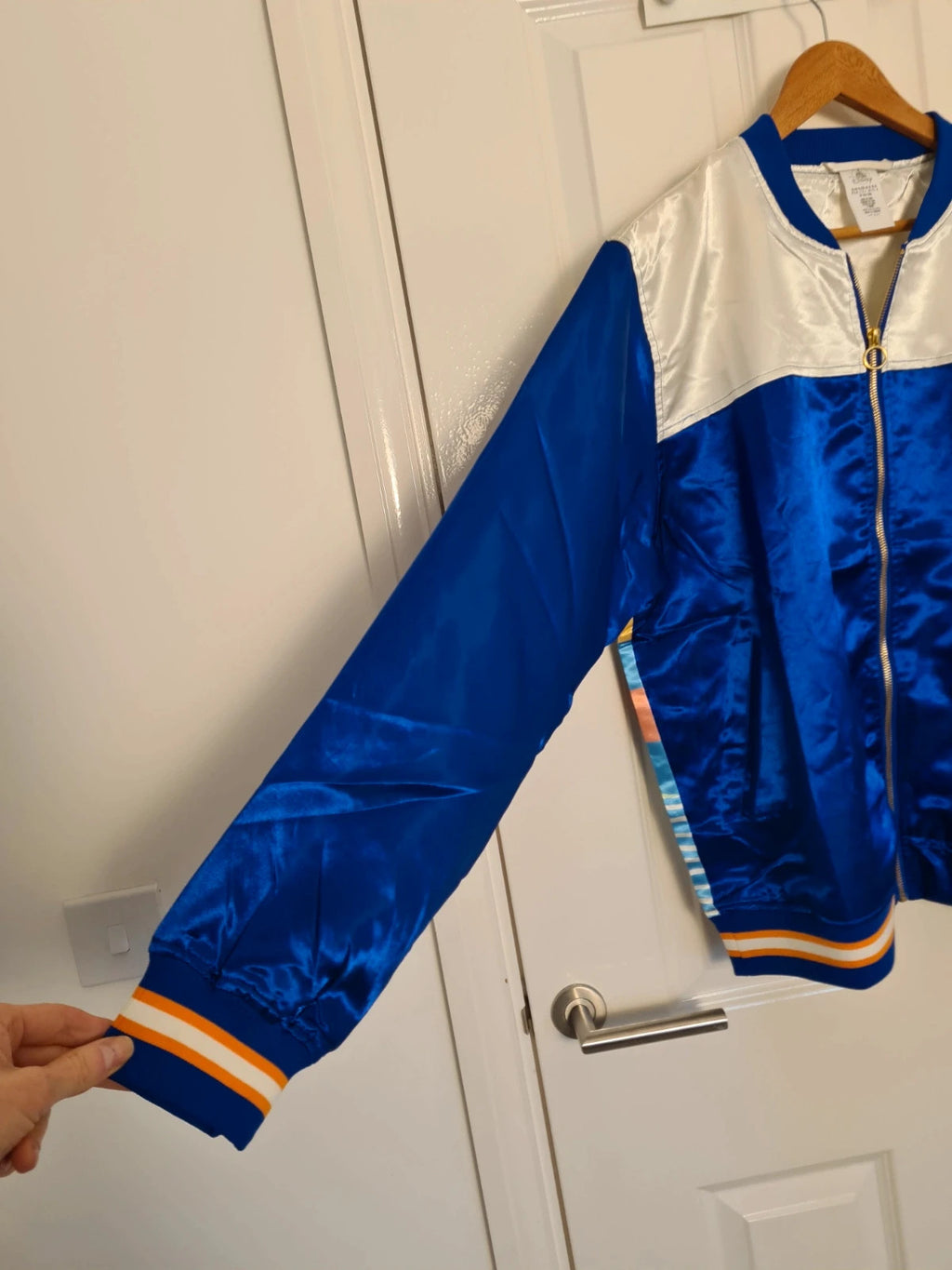 Disney women Mickey Mouse sunset blue satin bomber jacket varsity lightweight casual XL/14