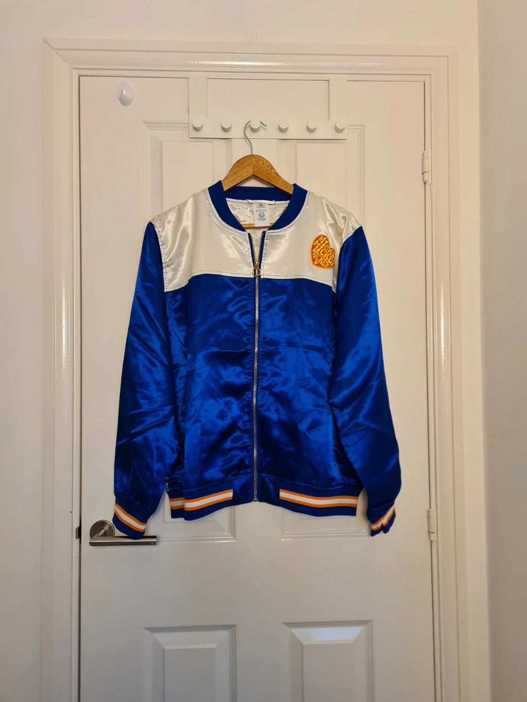 Disney women Mickey Mouse sunset blue satin bomber jacket varsity lightweight casual XL/14