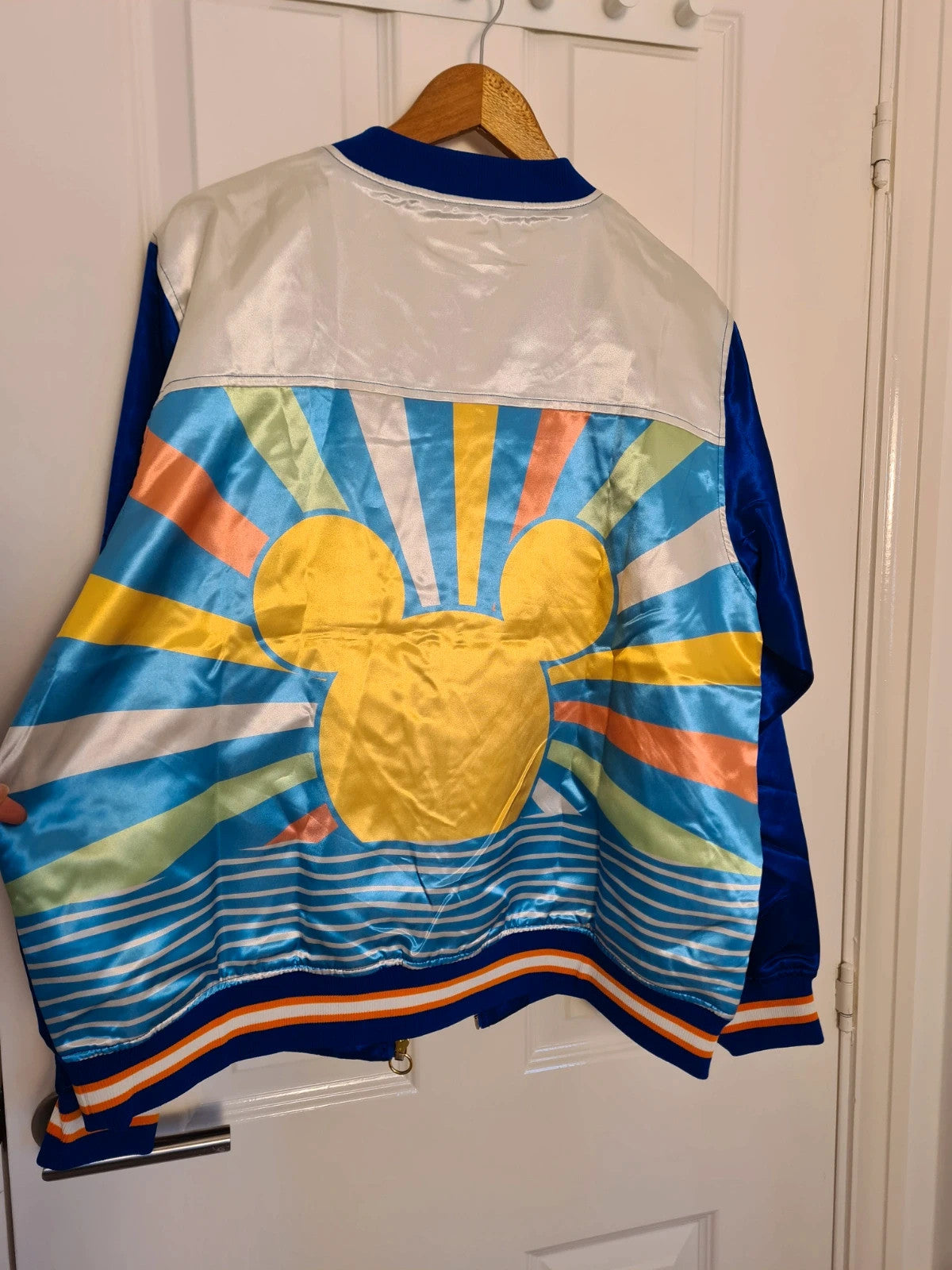 Disney women Mickey Mouse sunset blue satin bomber jacket varsity lightweight casual XL/14
