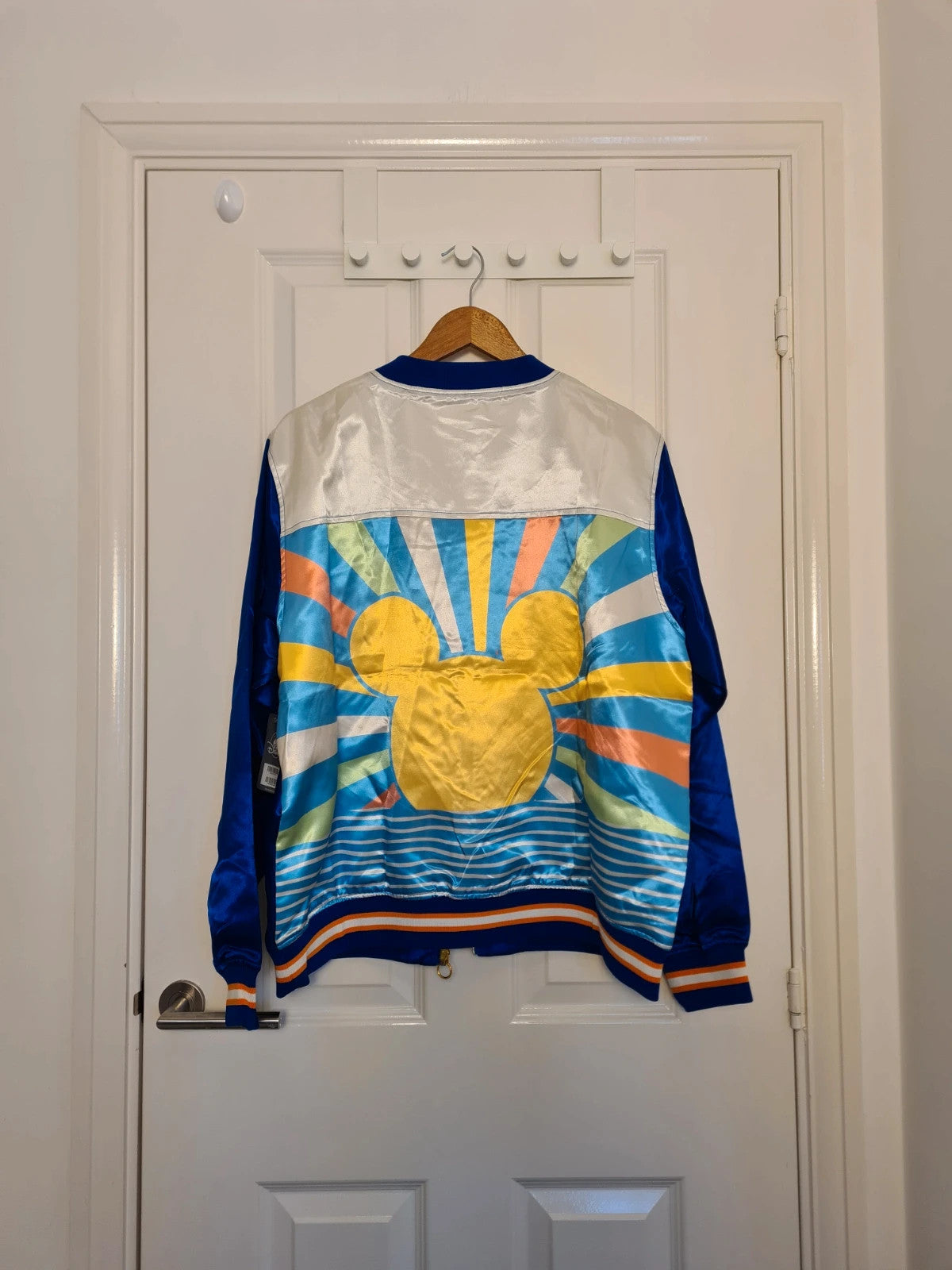Disney women Mickey Mouse sunset blue satin bomber jacket varsity lightweight casual XL/14