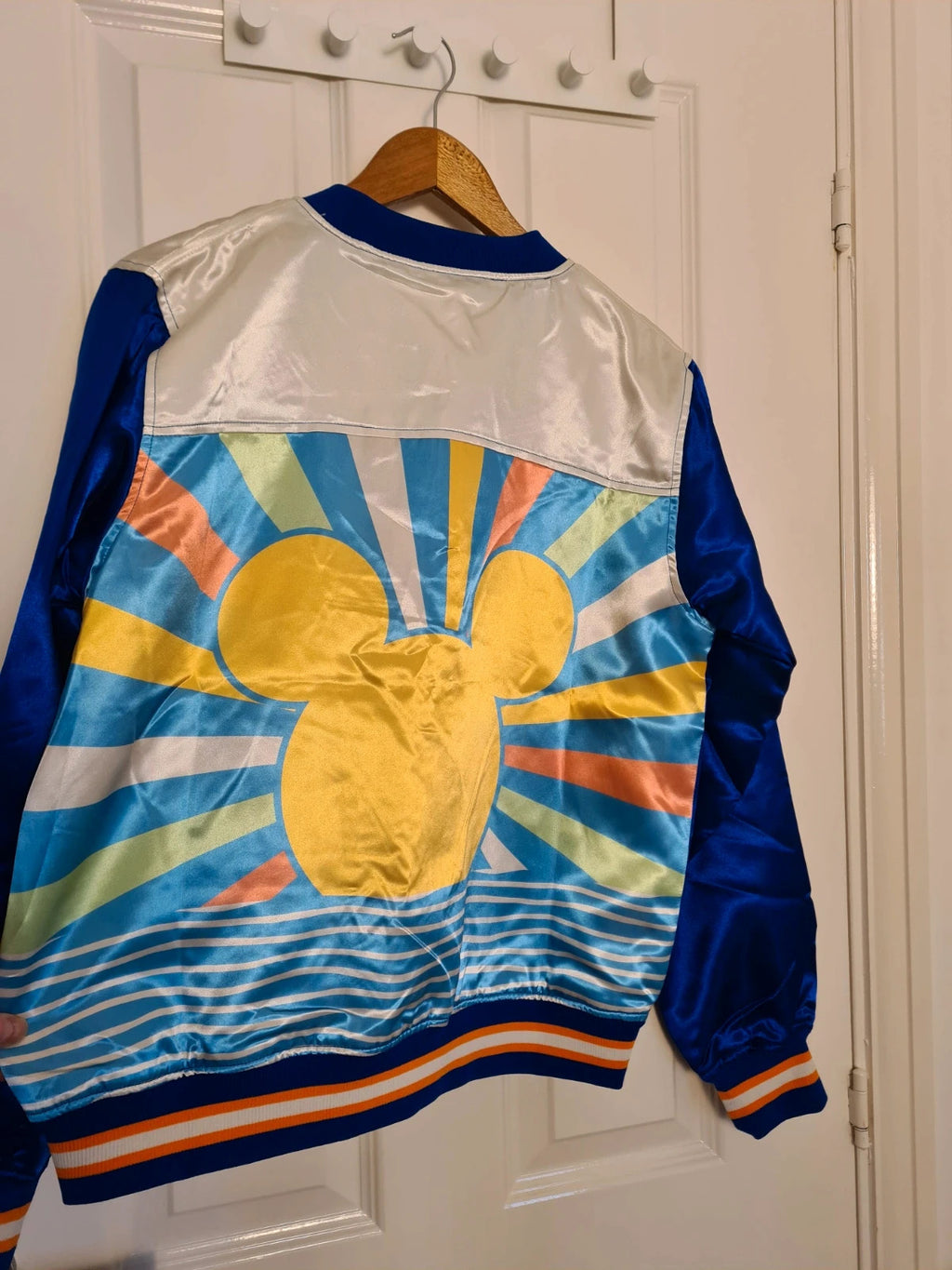 Disney women Mickey Mouse sunset blue satin bomber jacket varsity lightweight casual 
Size M/10