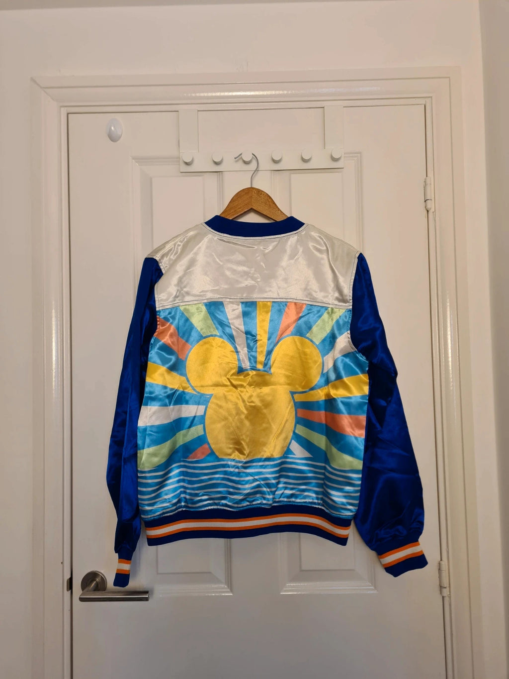 Disney women Mickey Mouse sunset blue satin bomber jacket varsity lightweight casual 
Size M/10