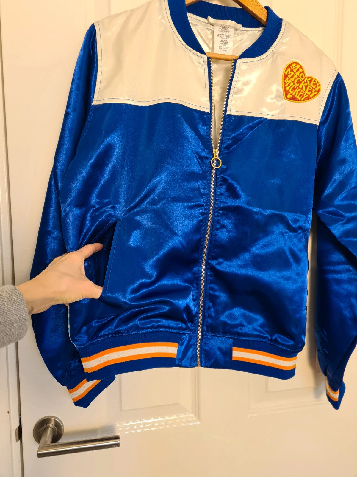 Disney women Mickey Mouse sunset blue satin bomber jacket varsity lightweight casual 
Size M/10