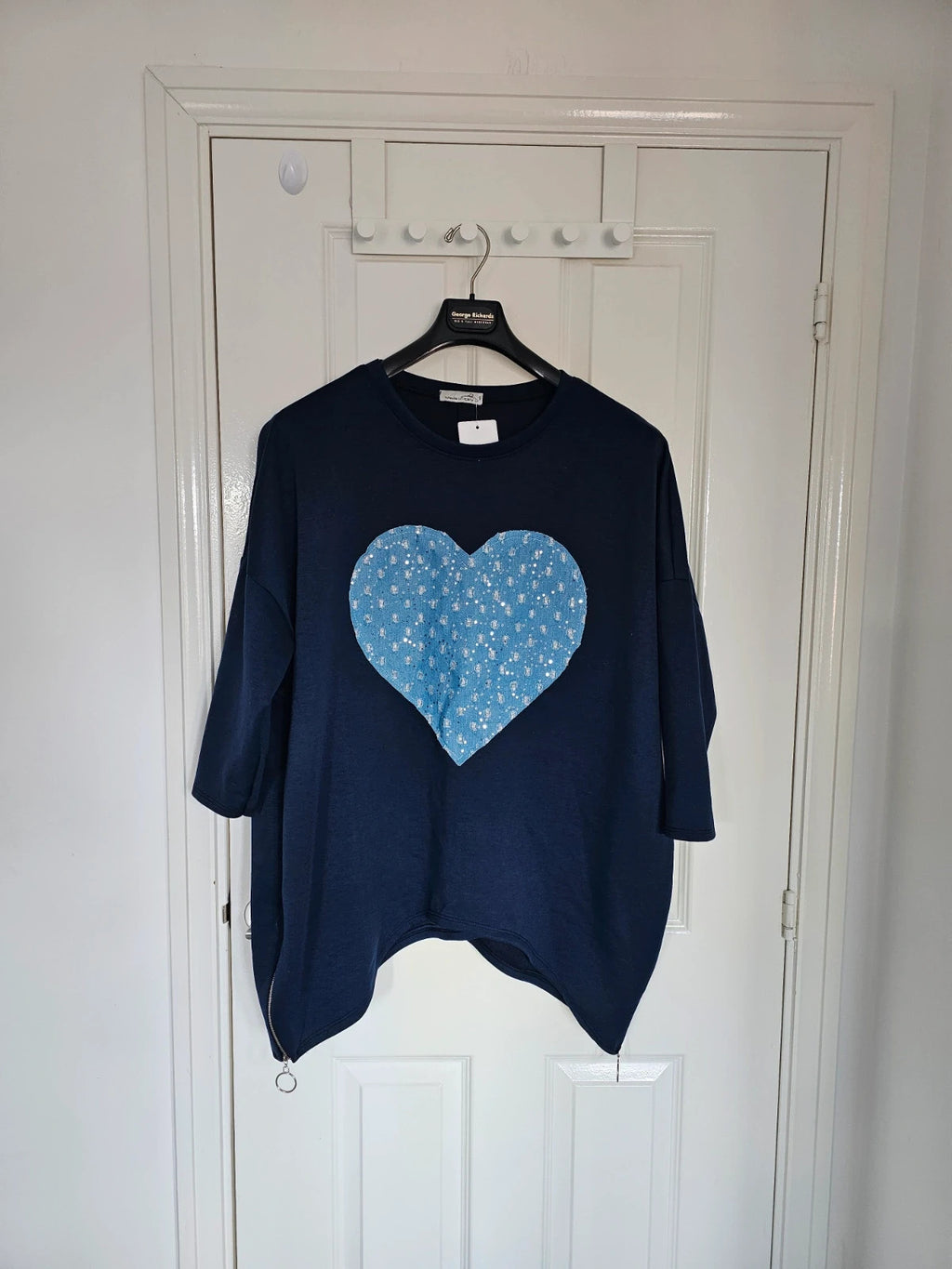 New Collection sweatshirt heart women short sleeve oversize italian tunic long jumper zip side navy