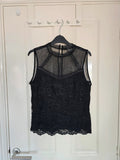 New Look high neck black lace top women sleeveless vest top blouse button back elegant lining L/12